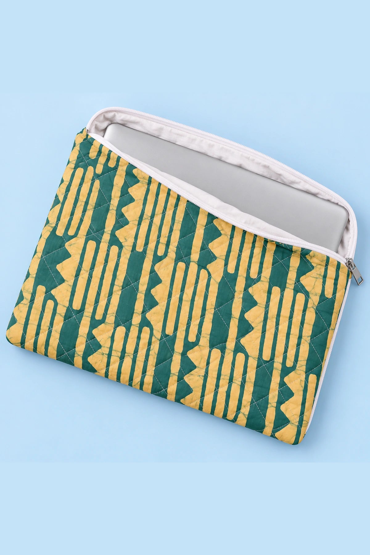 Quilted Batik Laptop Sleeve in Green Mustard Stripe print – open, showing the lined interior | Shades of You