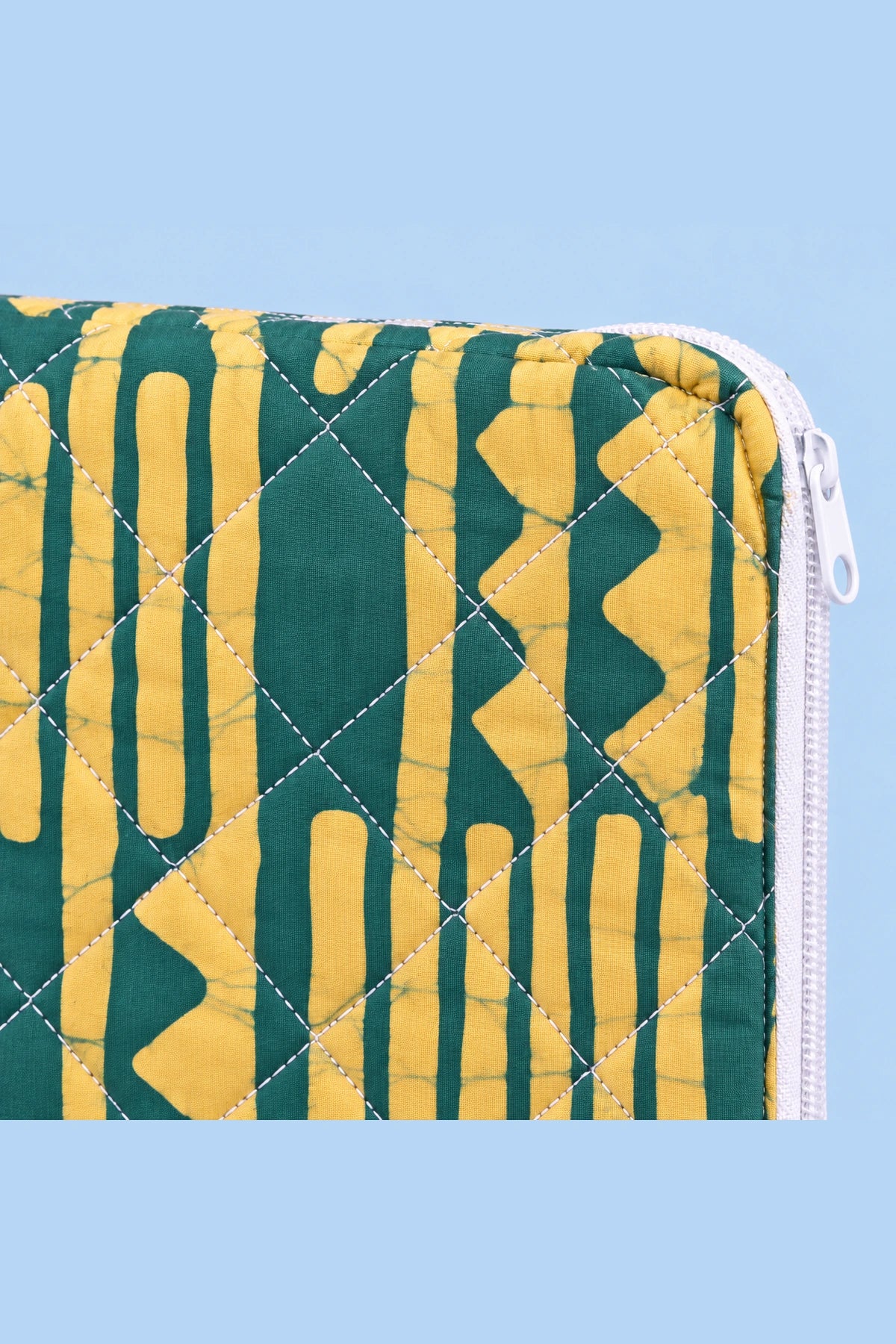 Quilted Batik Laptop Sleeve in Green Mustard Stripe print – close-up of zip and quilted batik | Shades of You