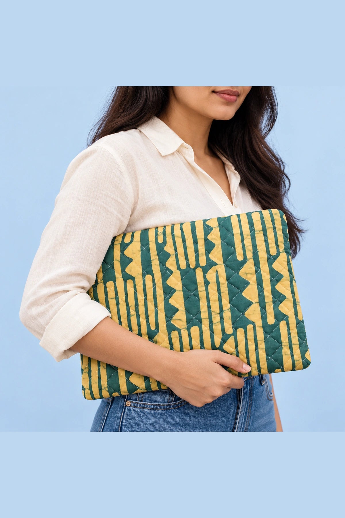 Quilted Batik Laptop Sleeve in Green Mustard Stripe print – held in hand | Shades of You