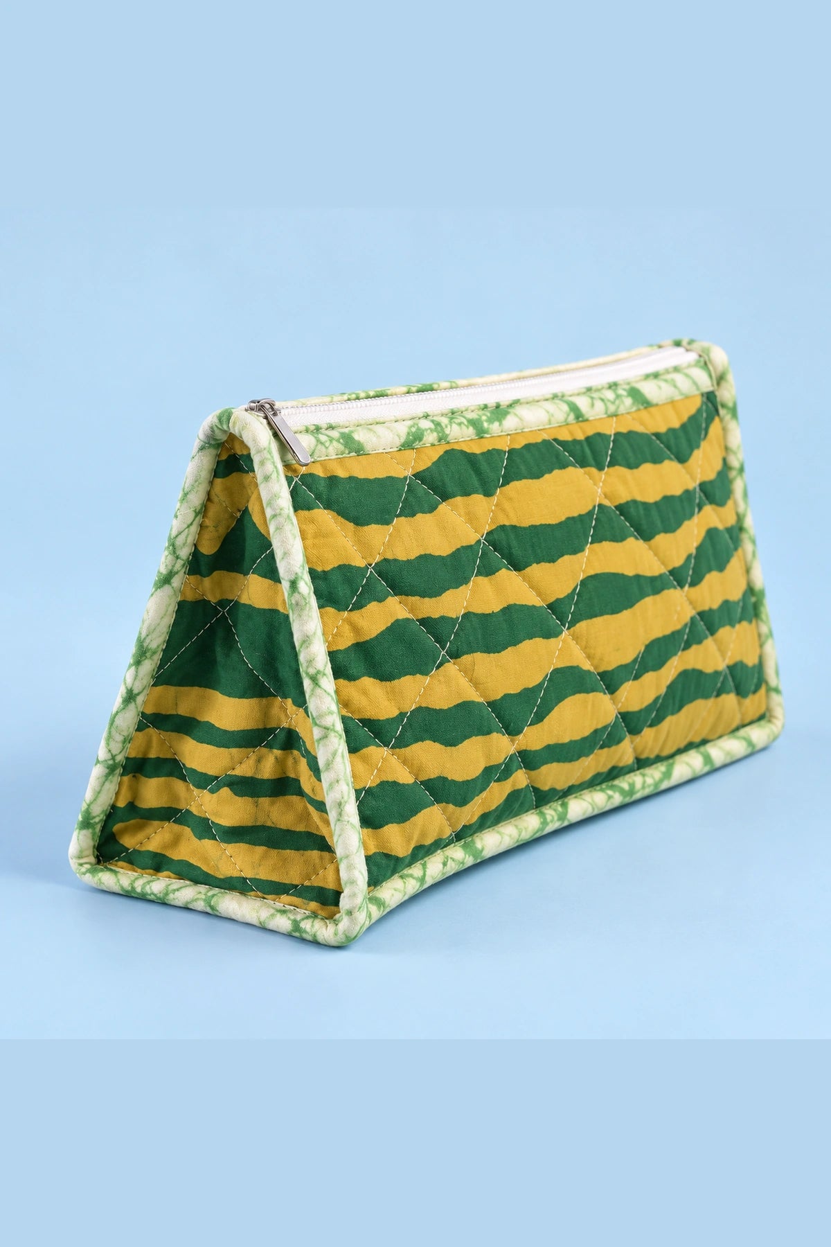 Quilted Batik Makeup Pouch in Green Mustard Stripe print – back view | Shades of You