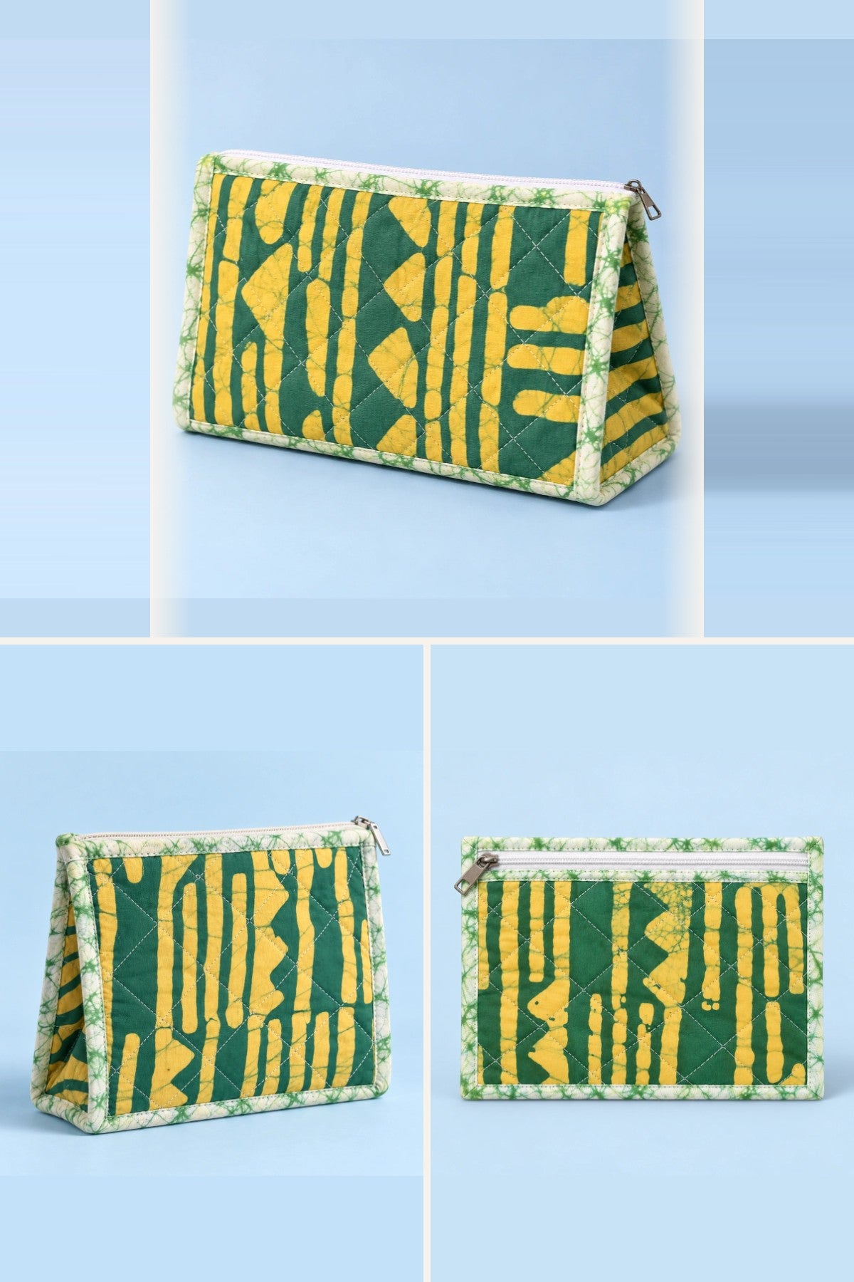 Green Mustard Stripe Pouch Trio: makeup, utility and small pouch, in one batik print | Shades of You