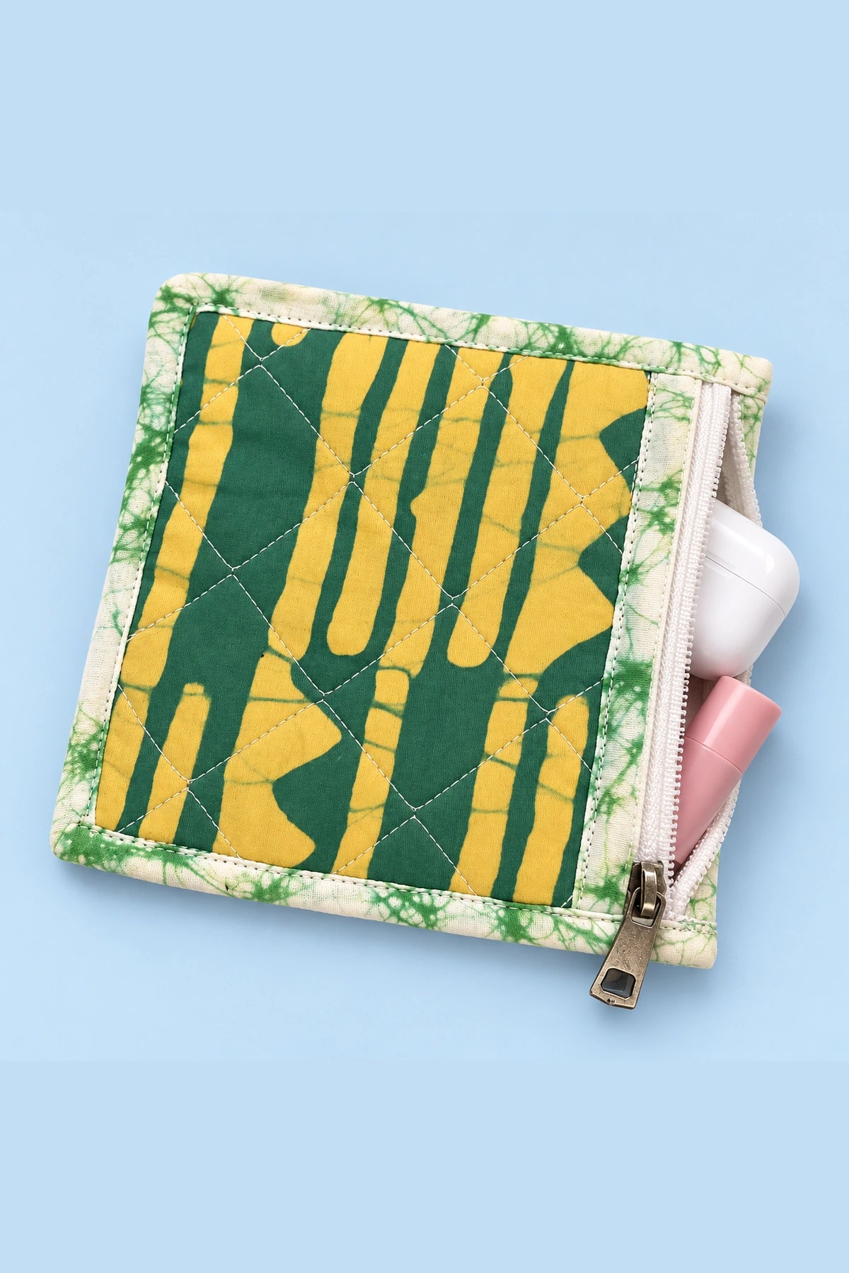 Coin Pouch in Green Mustard Stripe print – open, showing the lined interior | Shades of You