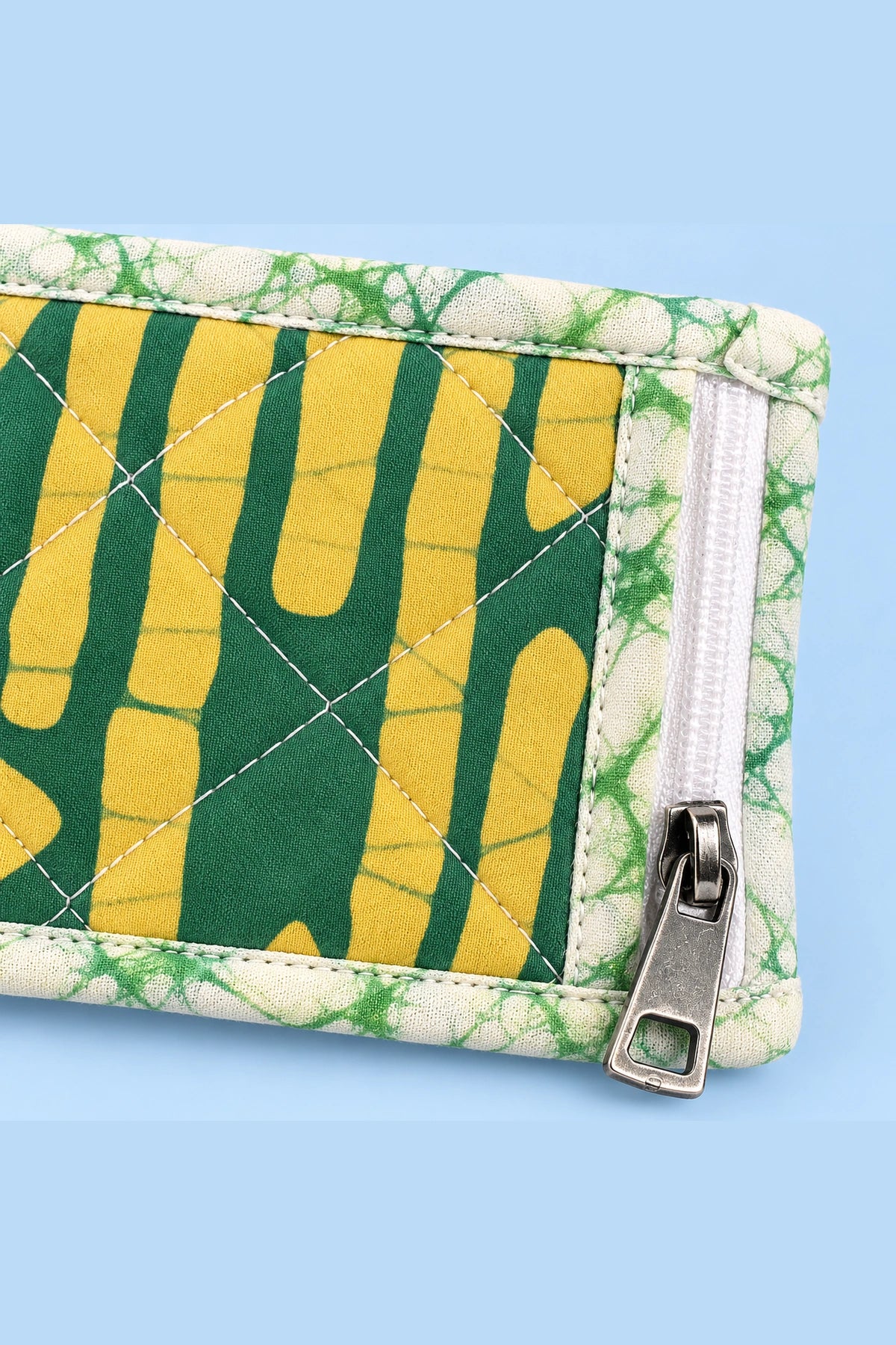 Coin Pouch in Green Mustard Stripe print – close-up of zip and quilted batik | Shades of You