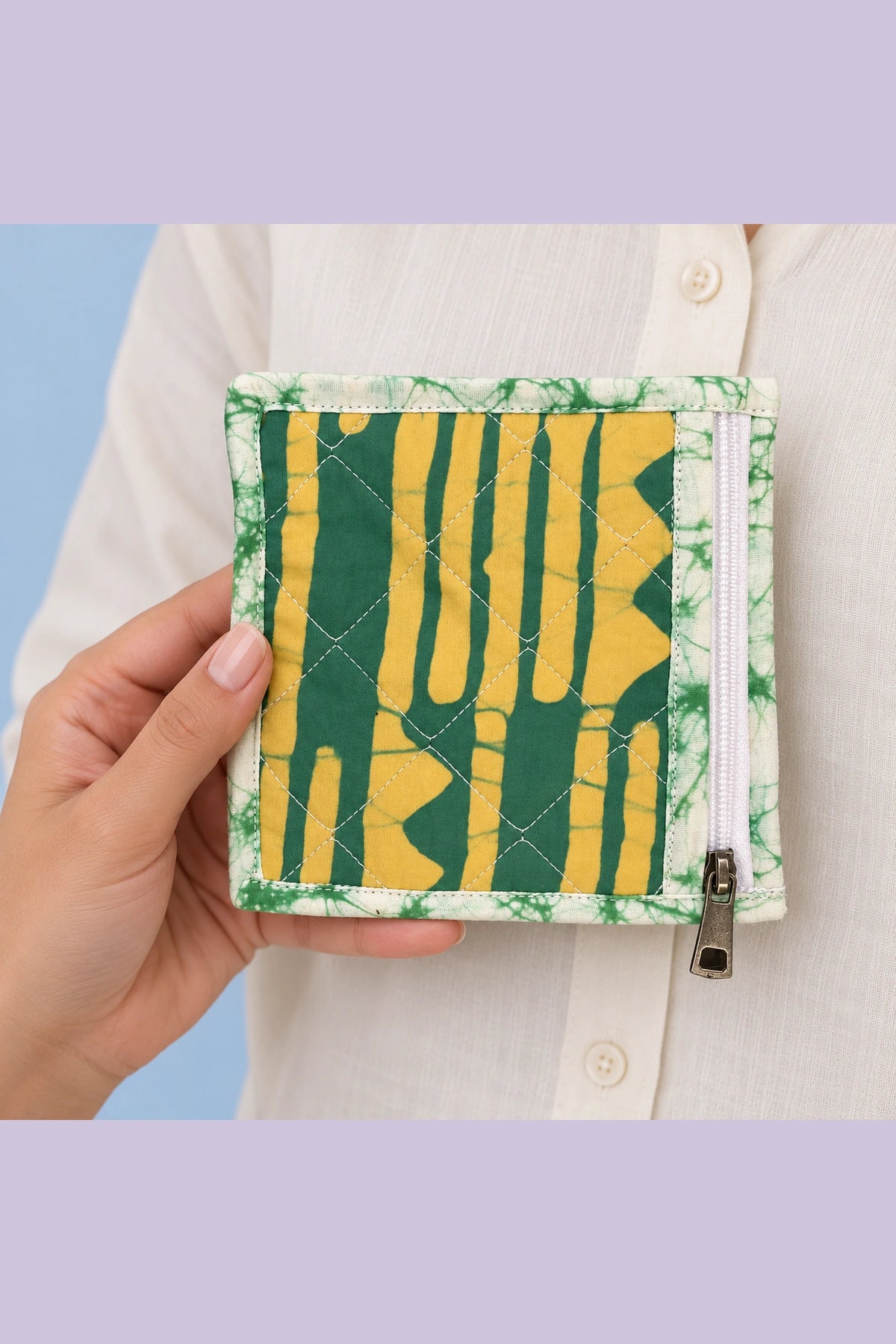 Coin Pouch in Green Mustard Stripe print – held in hand | Shades of You