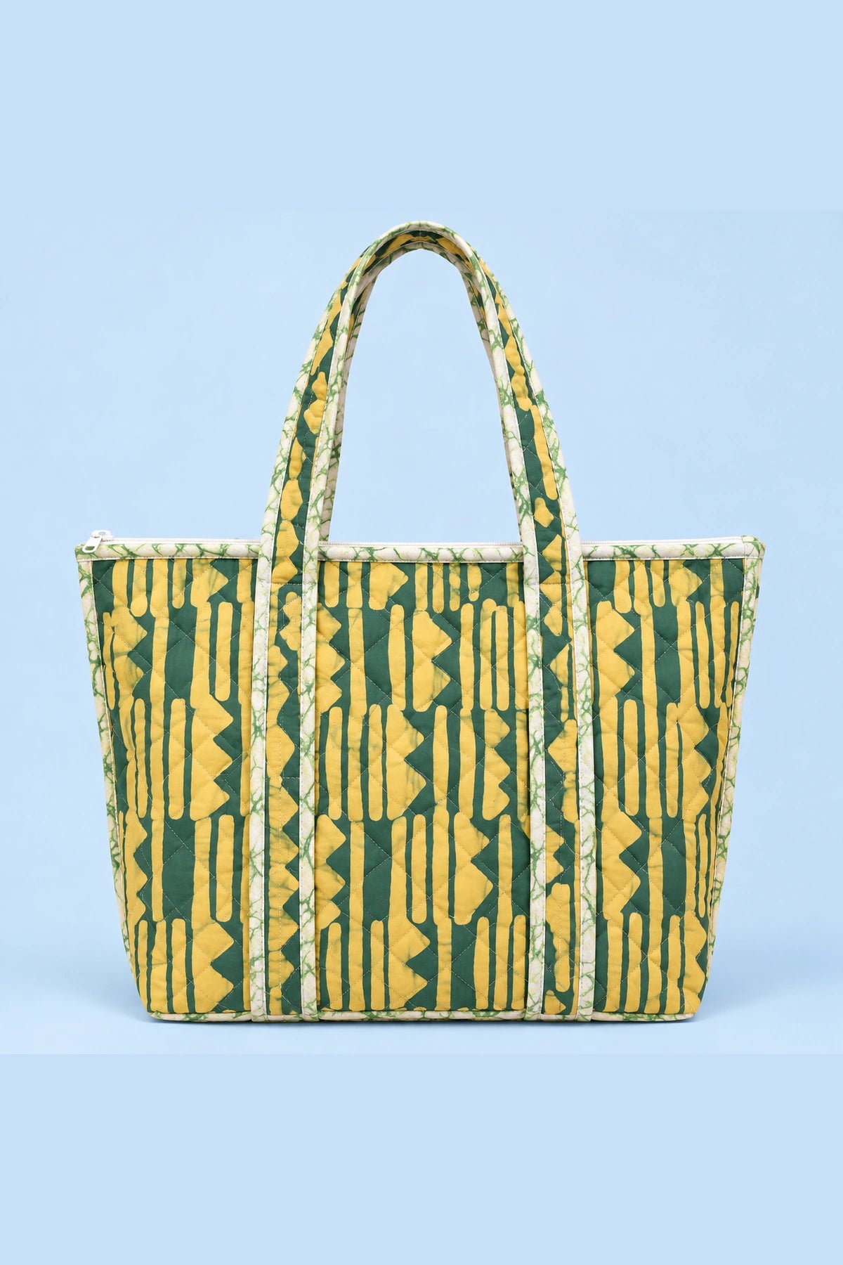 Quilted Batik Tote Bag in Green Mustard Stripe print – front view | Shades of You