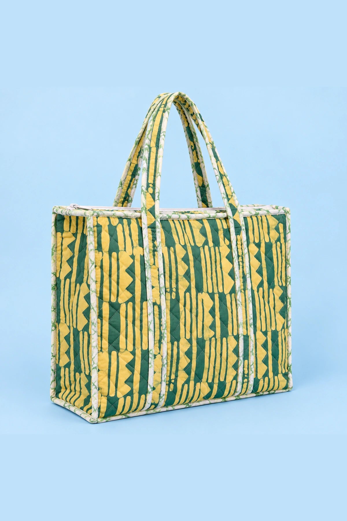 Quilted Batik Tote Bag in Green Mustard Stripe print – back view | Shades of You