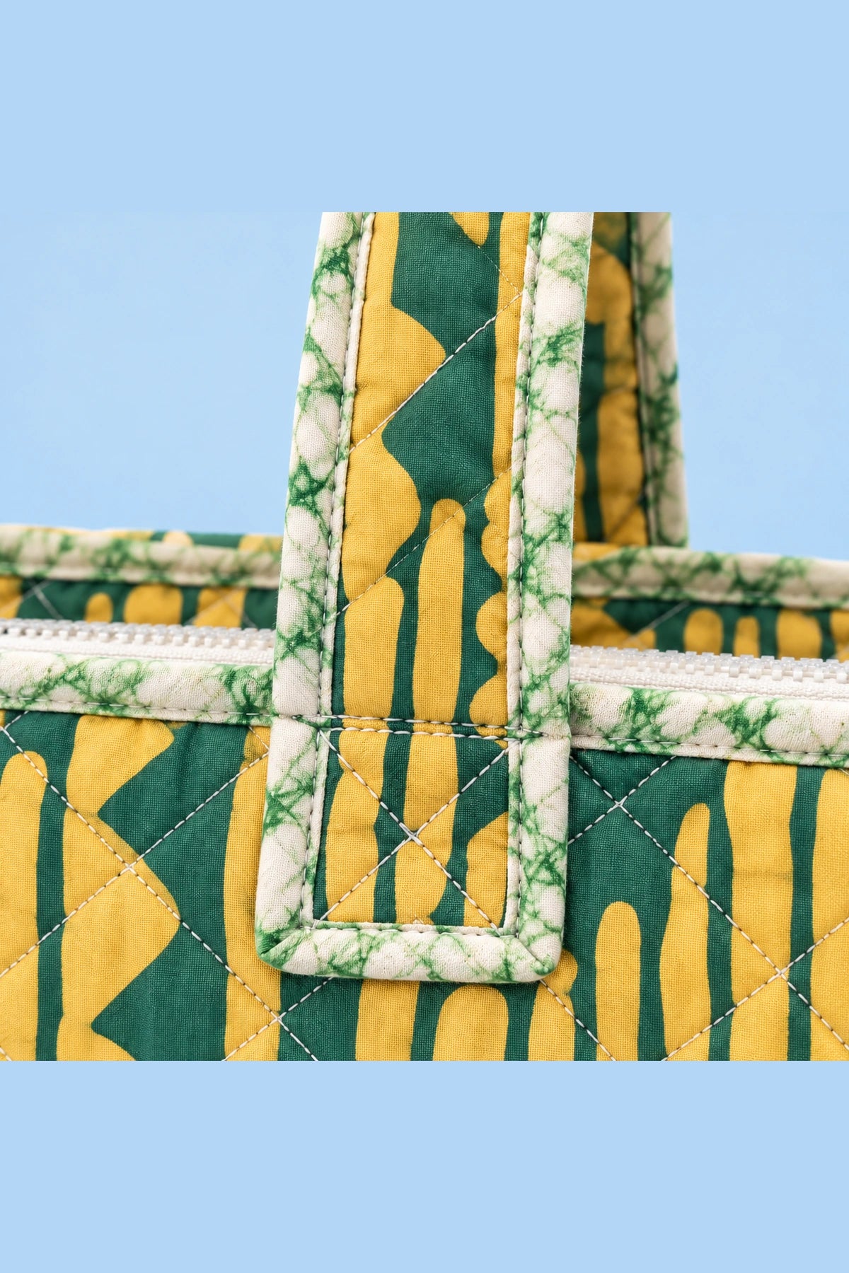 Quilted Batik Tote Bag in Green Mustard Stripe print – close-up of zip and quilted batik | Shades of You