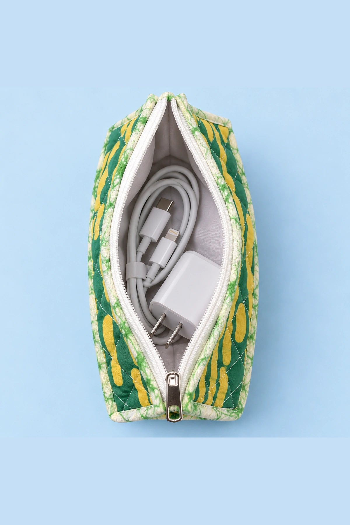 Quilted Batik Utility Pouch in Green Mustard Stripe print – open, showing the lined interior | Shades of You