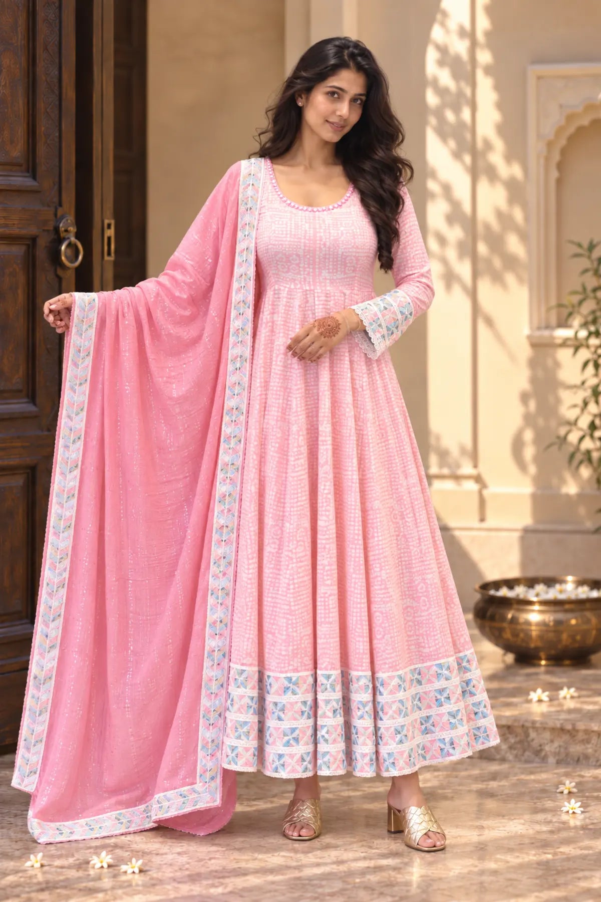 Gulnaar Pink Batik Anarkali Set - styled look