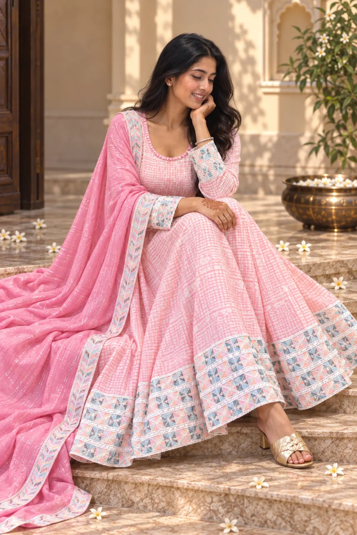 Gulnaar Pink Batik Anarkali Set - close-up detail