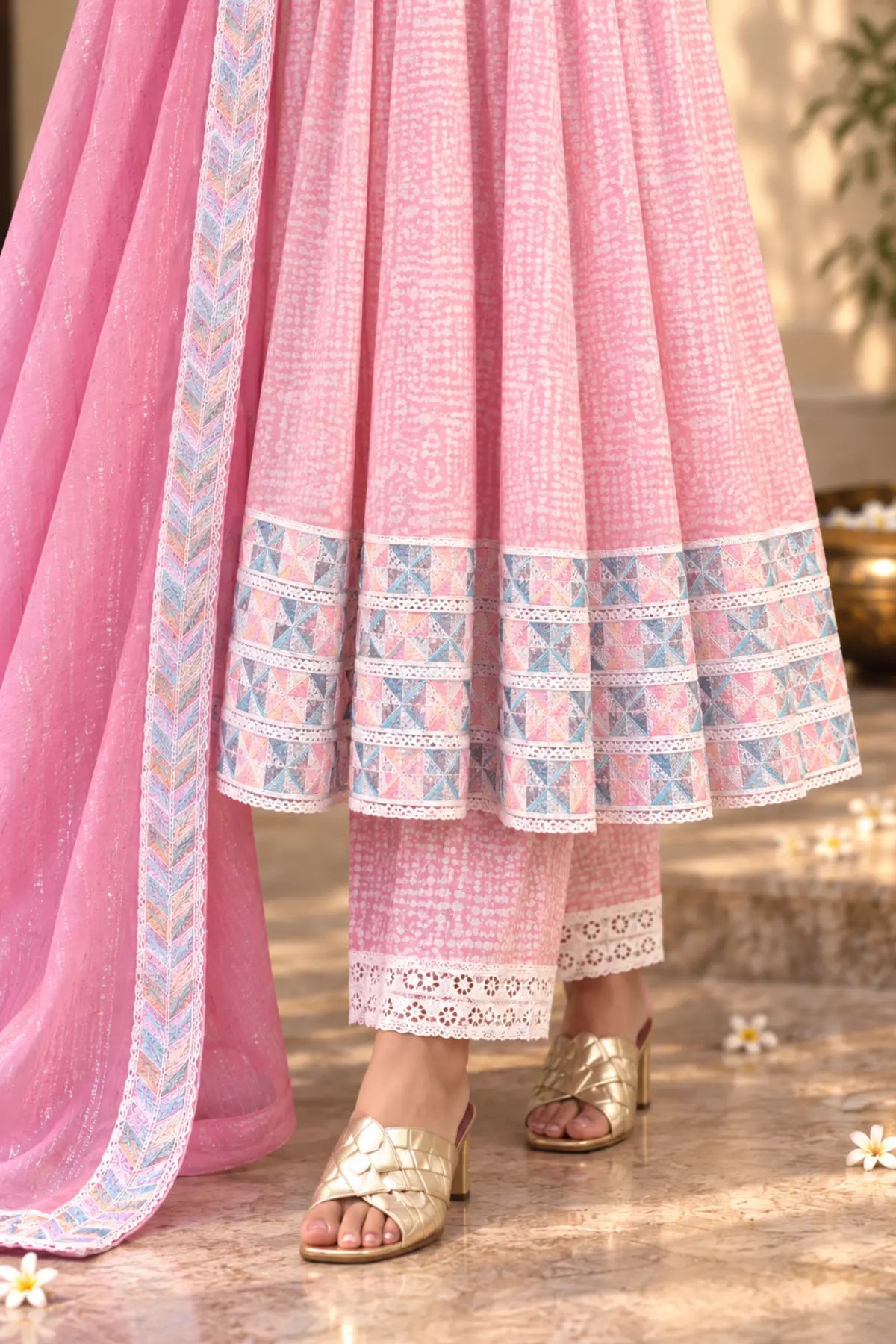 Gulnaar Pink Batik Anarkali Set - back view