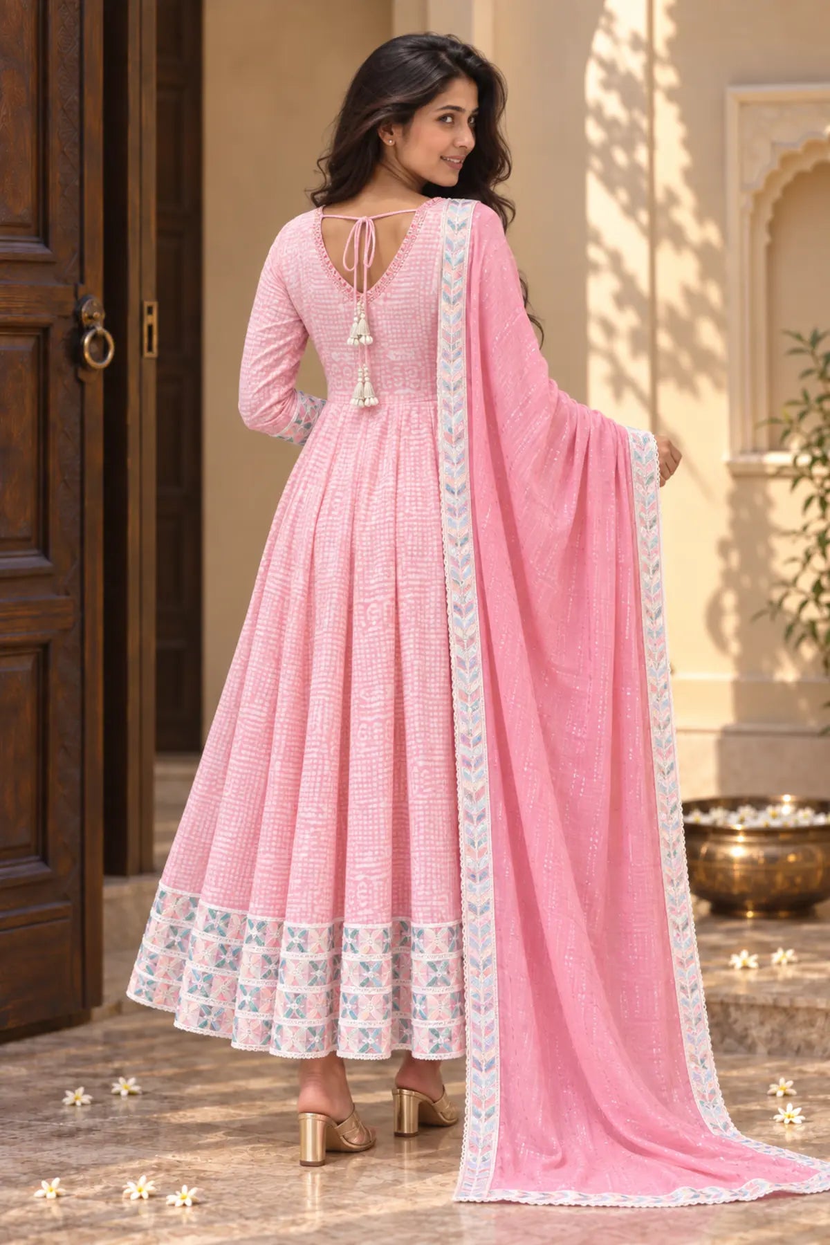 Gulnaar Pink Batik Anarkali Set - fabric detail