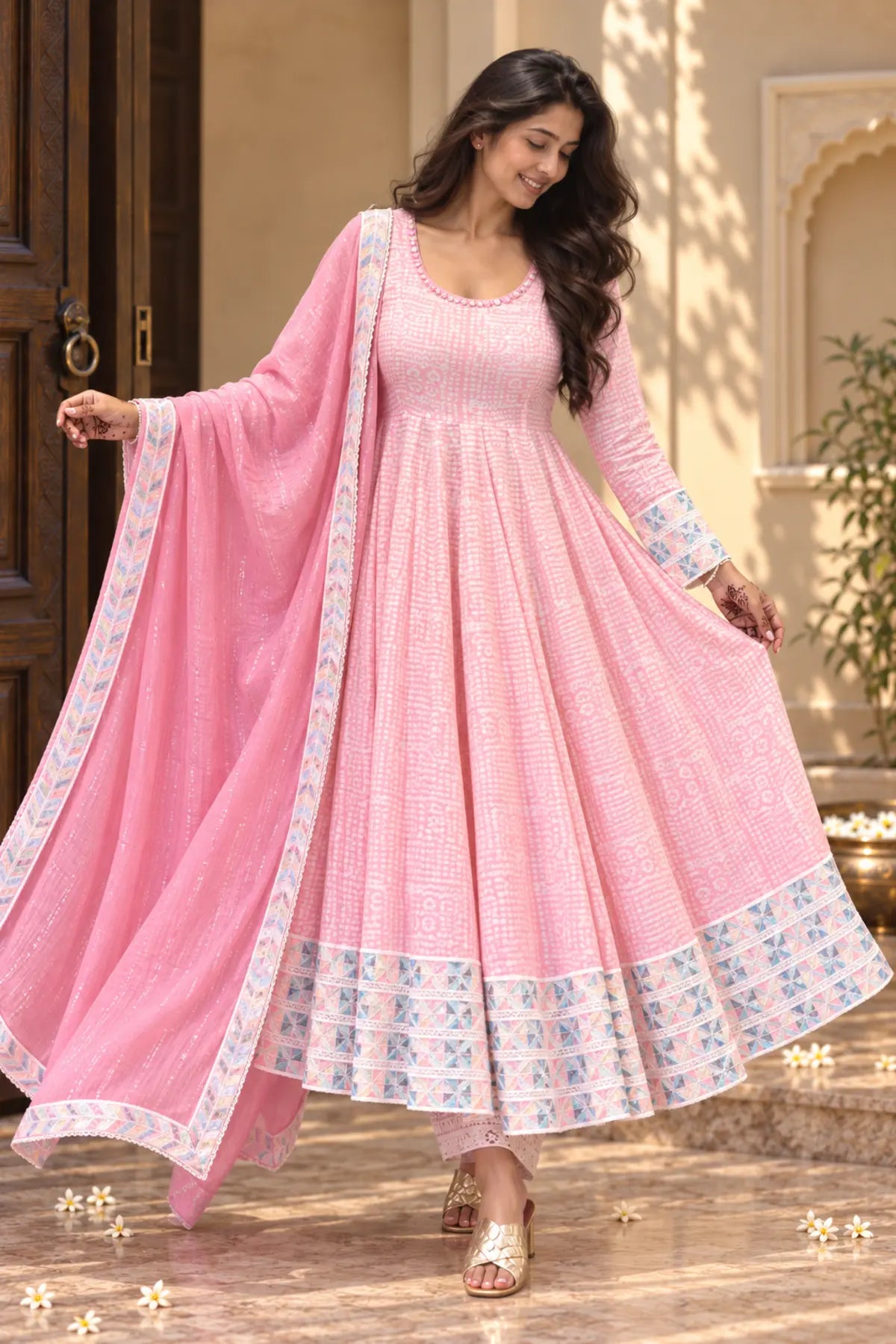 Gulnaar Pink Batik Anarkali Set - lifestyle shot