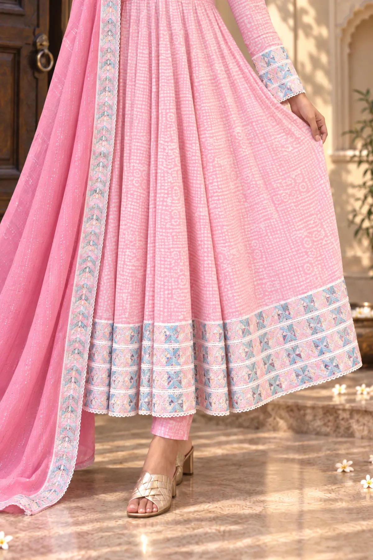 Gulnaar Pink Batik Anarkali Set - full outfit