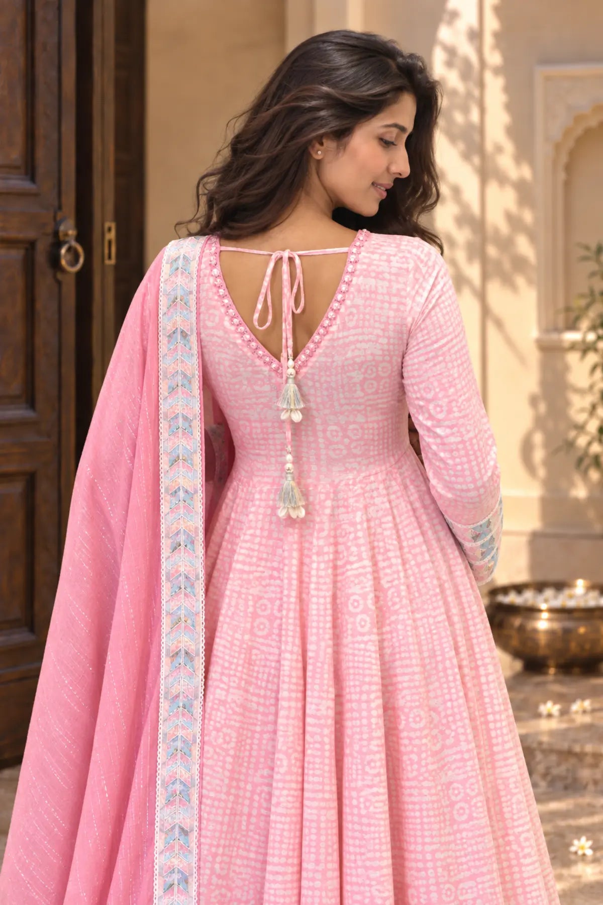 Gulnaar Pink Batik Anarkali Set - detail shot