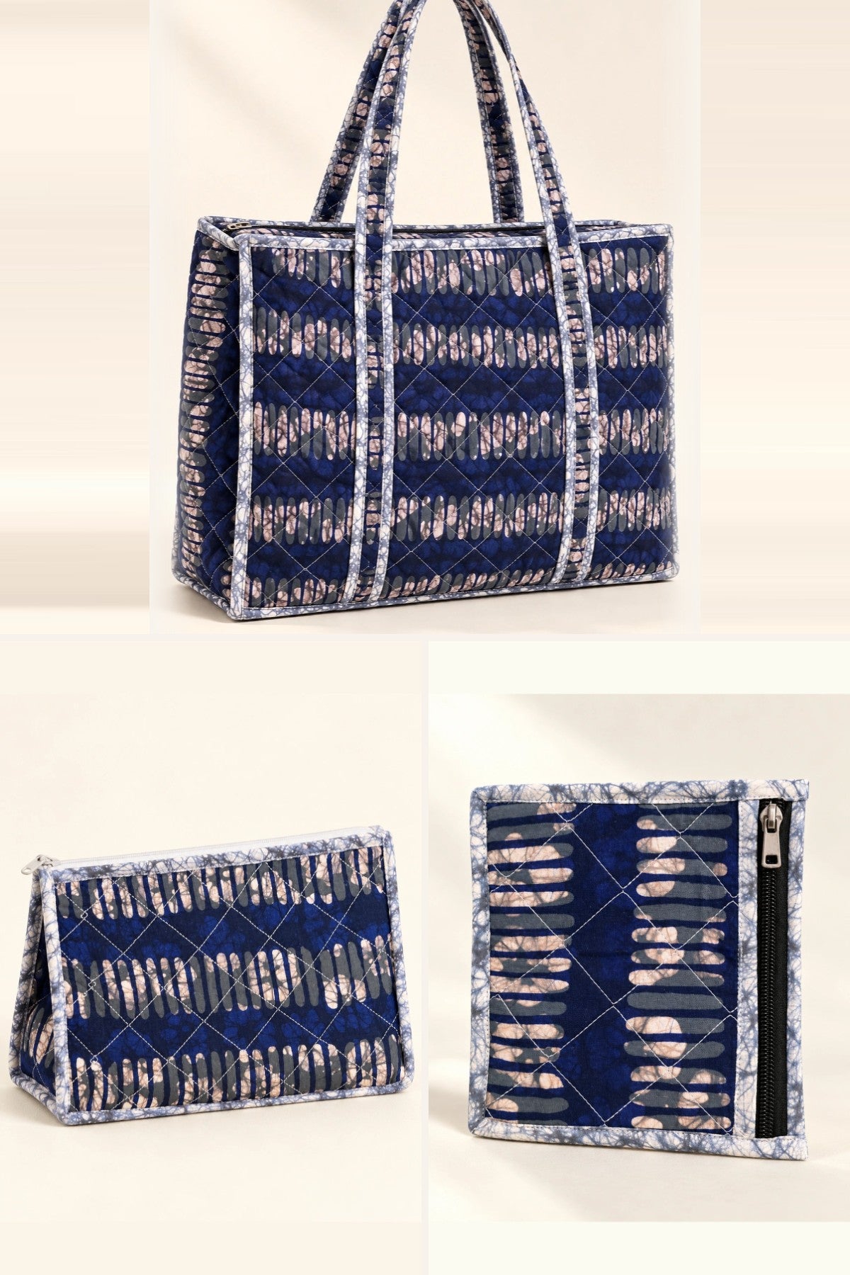 Indigo Ikat Stripe Everyday Set: tote, makeup pouch and coin pouch, in one batik print | Shades of You