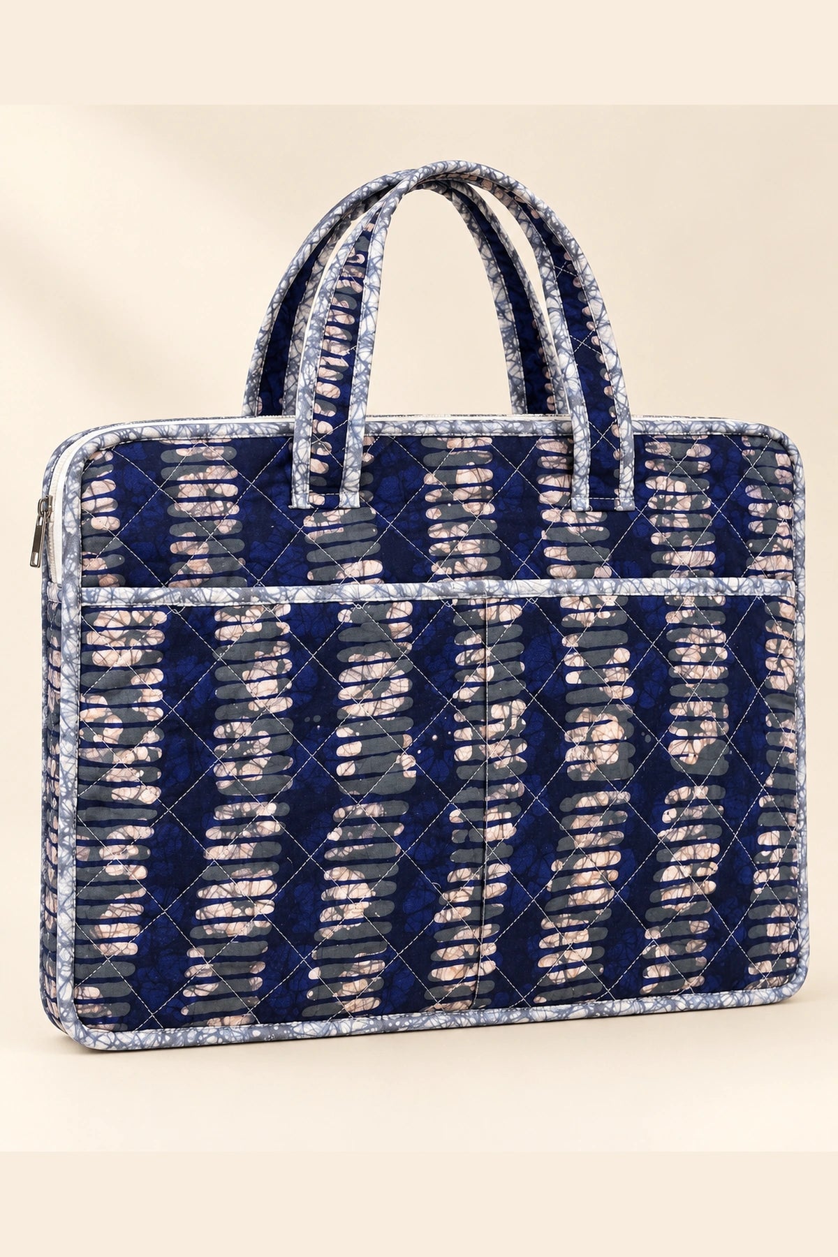 Quilted Batik Laptop Bag in Indigo Ikat Stripe print – front view | Shades of You