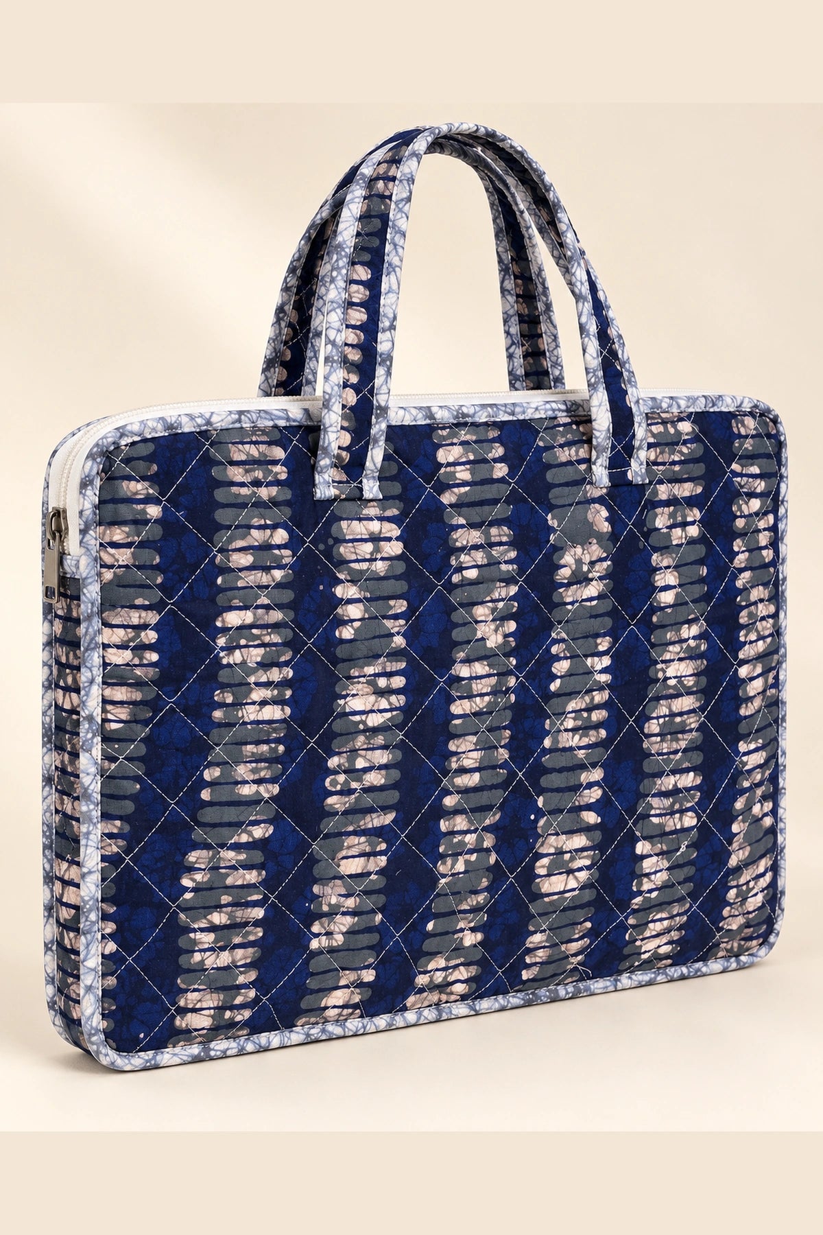 Quilted Batik Laptop Bag in Indigo Ikat Stripe print – back view | Shades of You