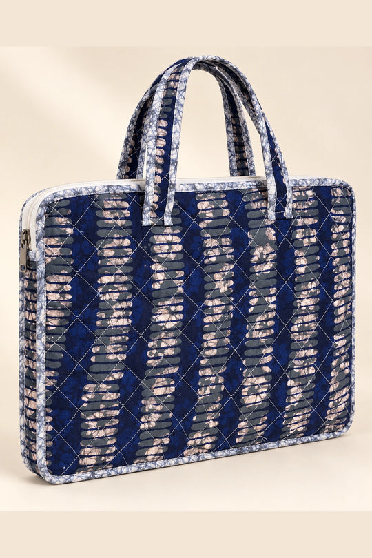 Quilted Batik Laptop Bag in Indigo Ikat Stripe print – back view | Shades of You, detail