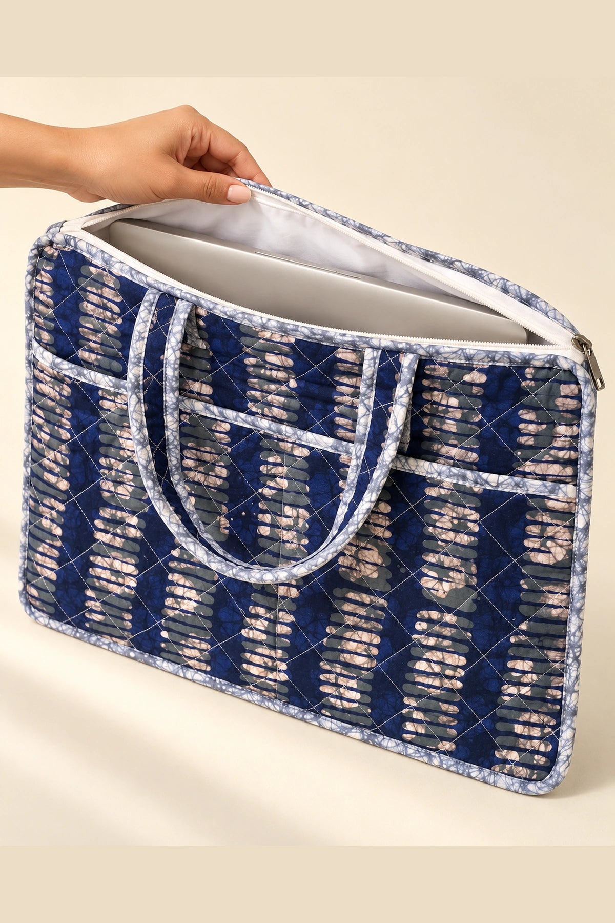 Quilted Batik Laptop Bag in Indigo Ikat Stripe print – open, showing the lined interior | Shades of You
