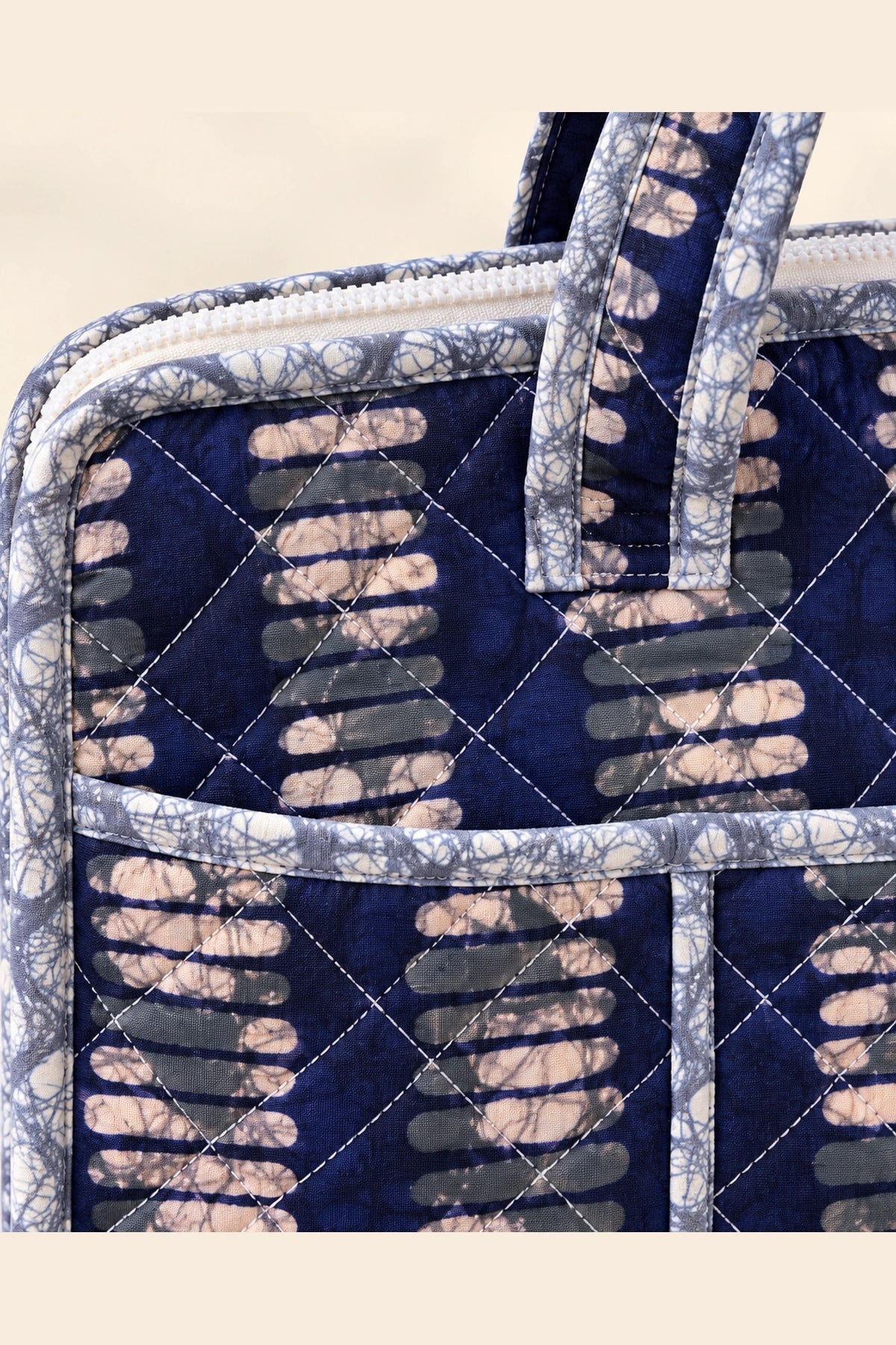 Quilted Batik Laptop Bag in Indigo Ikat Stripe print – close-up of zip and quilted batik | Shades of You