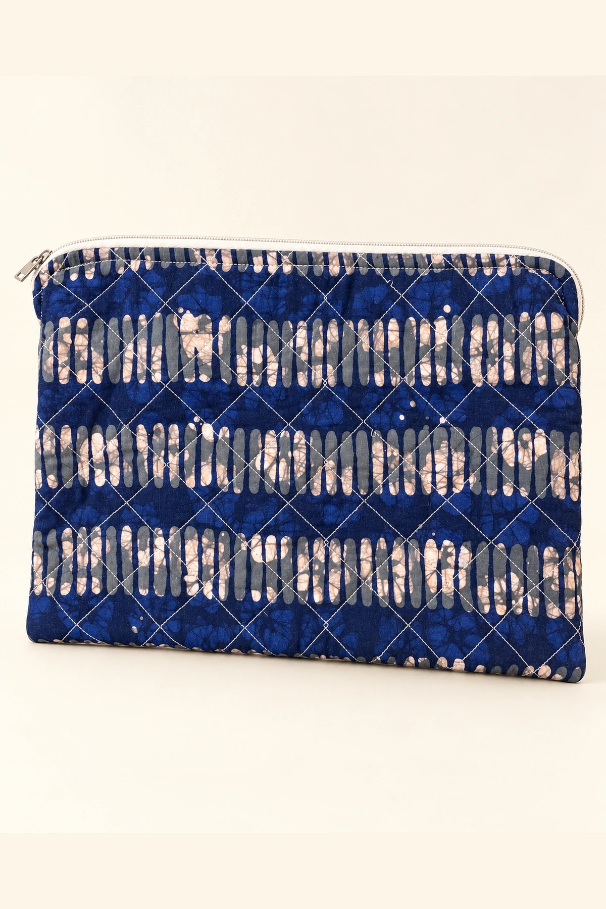Quilted Batik Laptop Sleeve in Indigo Ikat Stripe print – front view | Shades of You