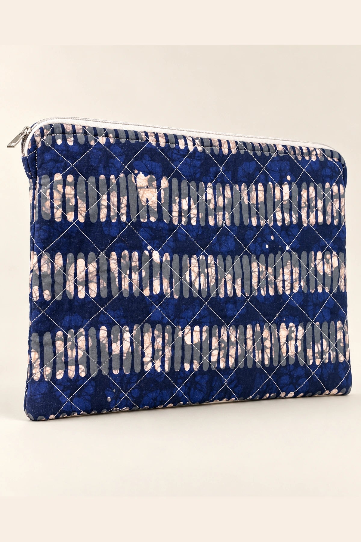 Quilted Batik Laptop Sleeve in Indigo Ikat Stripe print – back view | Shades of You