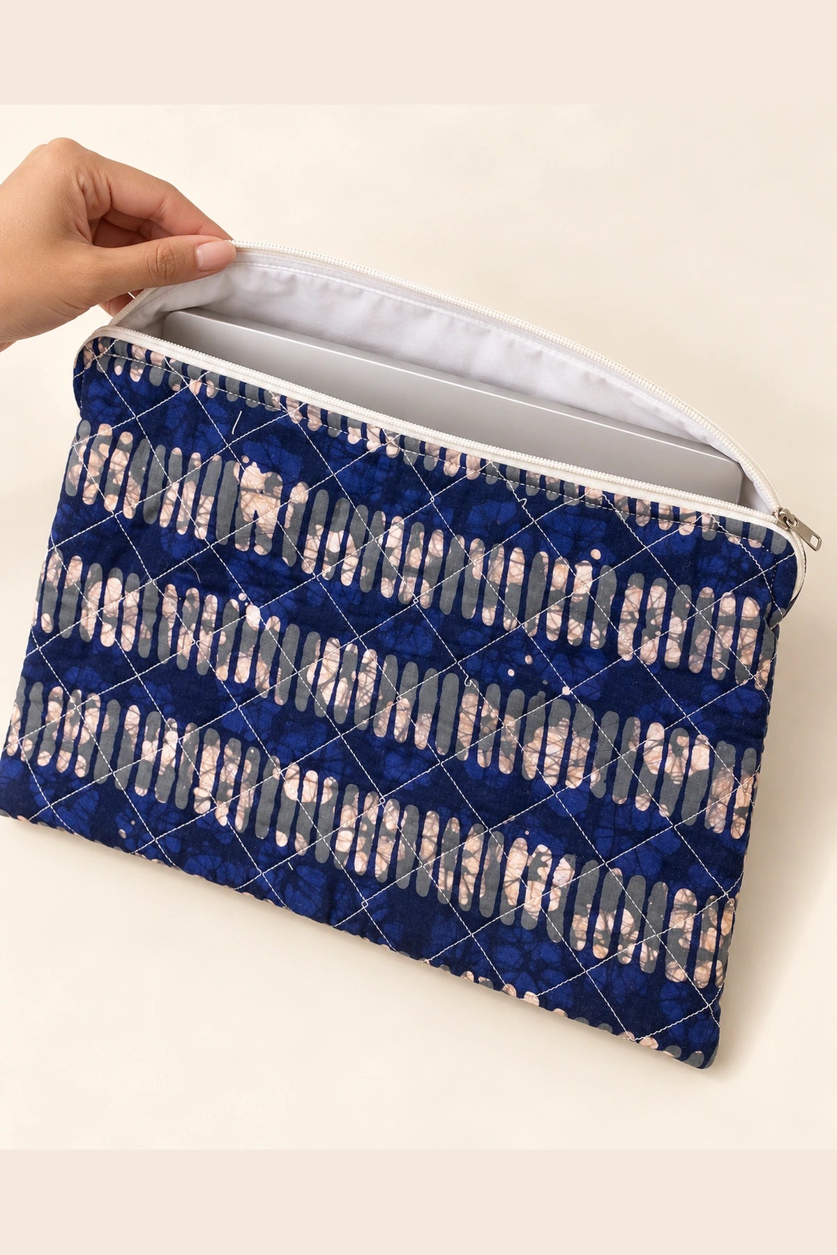 Quilted Batik Laptop Sleeve in Indigo Ikat Stripe print – open, showing the lined interior | Shades of You