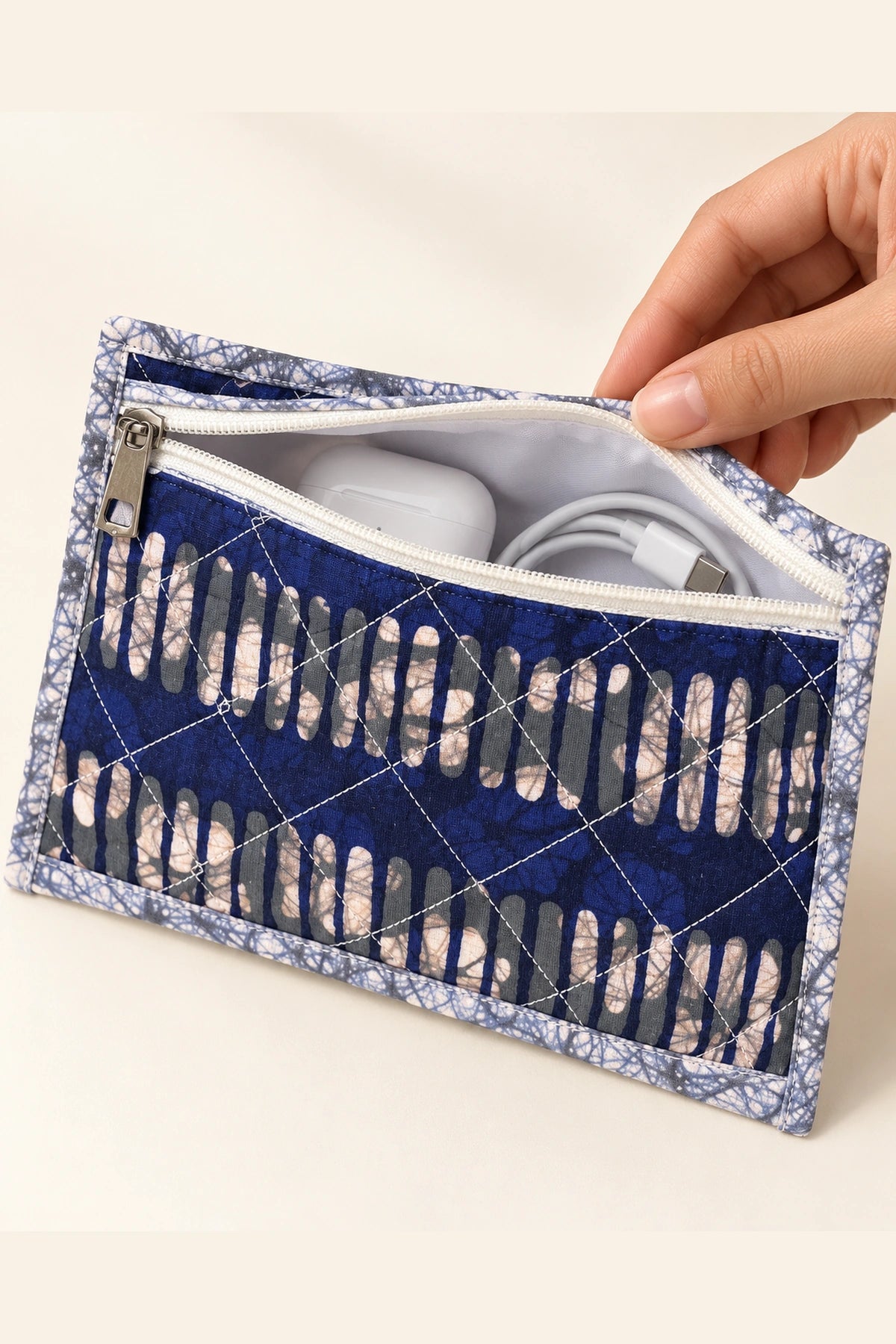 Quilted Batik Small Pouch in Indigo Ikat Stripe print – open, showing the lined interior | Shades of You