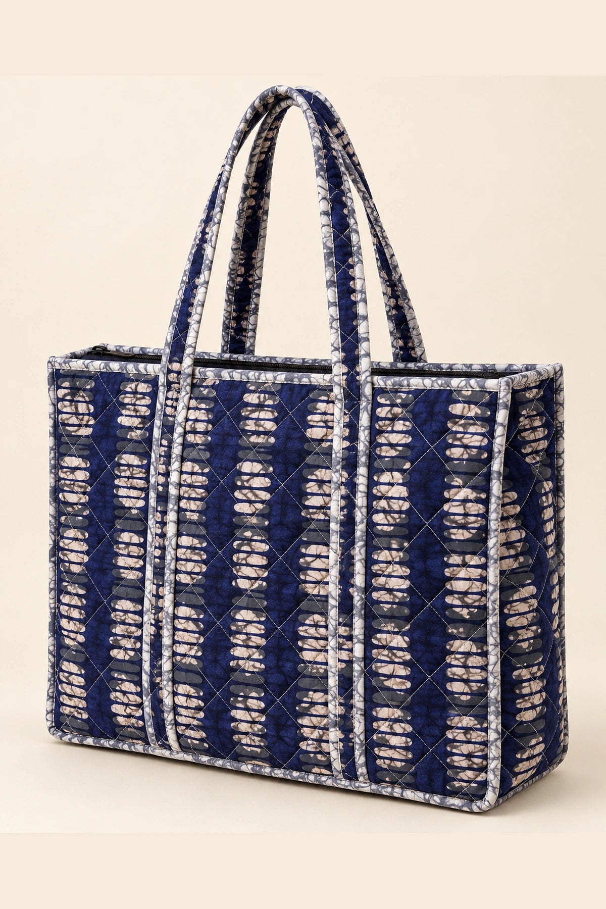 Quilted Batik Tote Bag in Indigo Ikat Stripe print – back view | Shades of You