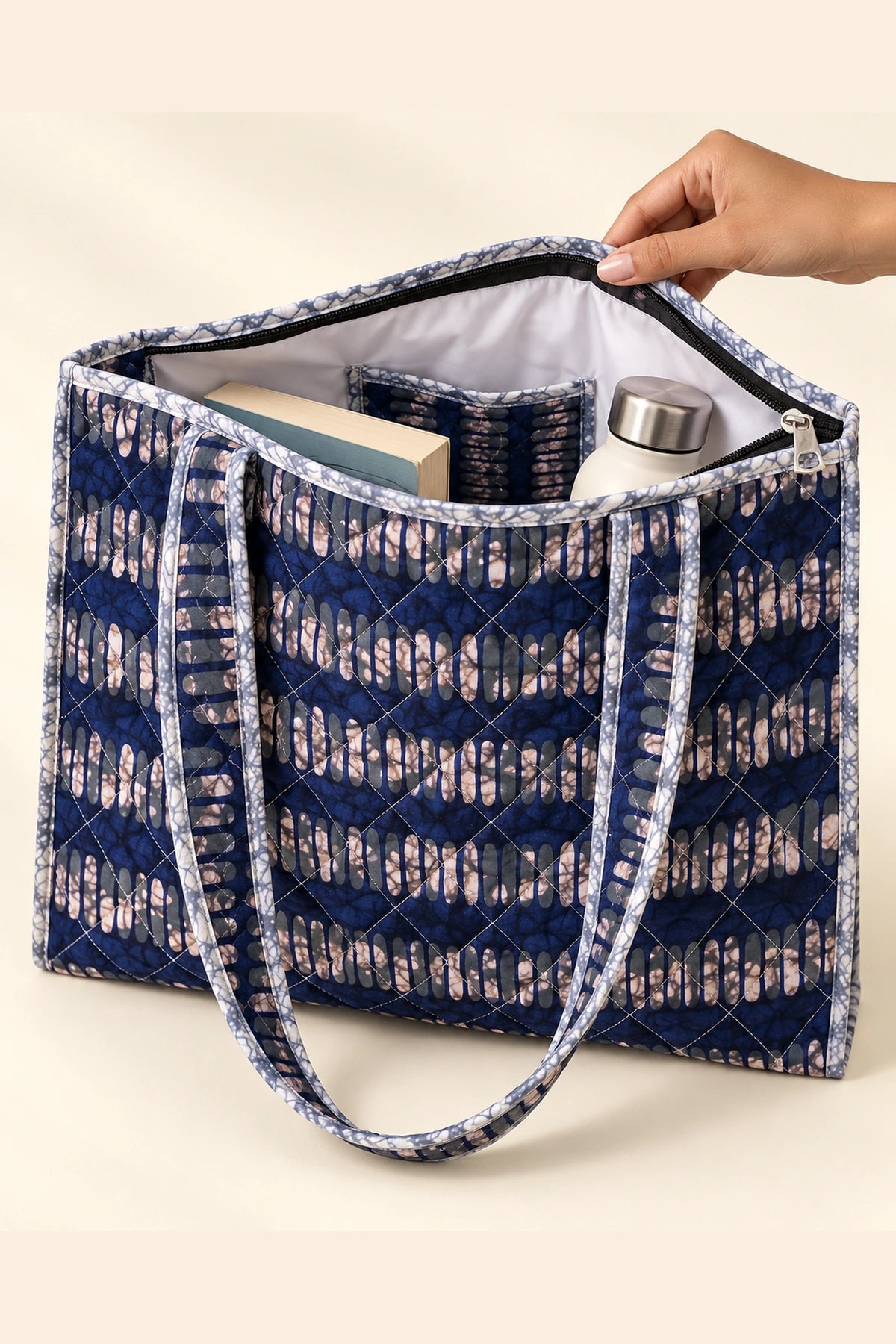 Quilted Batik Tote Bag in Indigo Ikat Stripe print – open, showing the lined interior | Shades of You