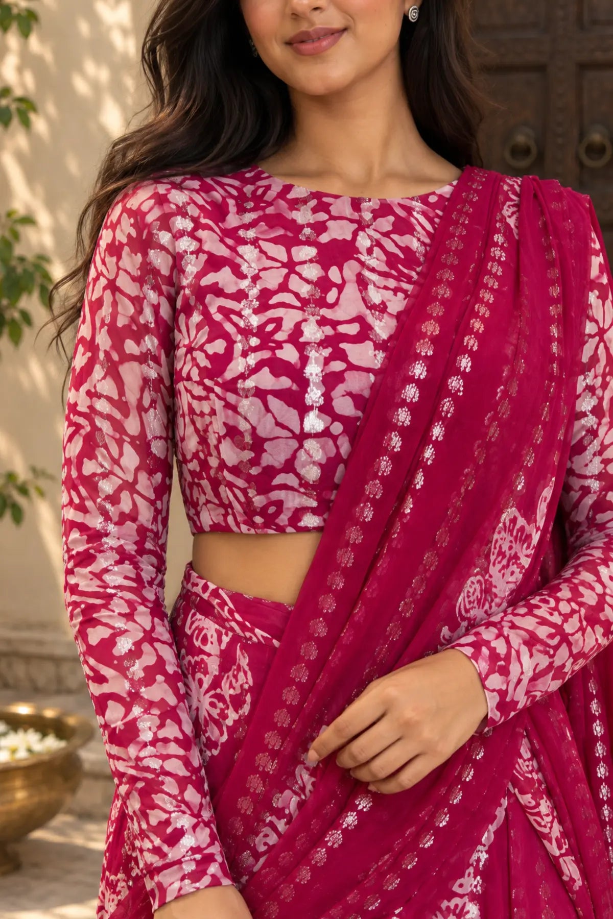 Kira Batik Drape Saree Set – bodice embroidery detail | handcrafted batik ethnic wear for women | Shades of You