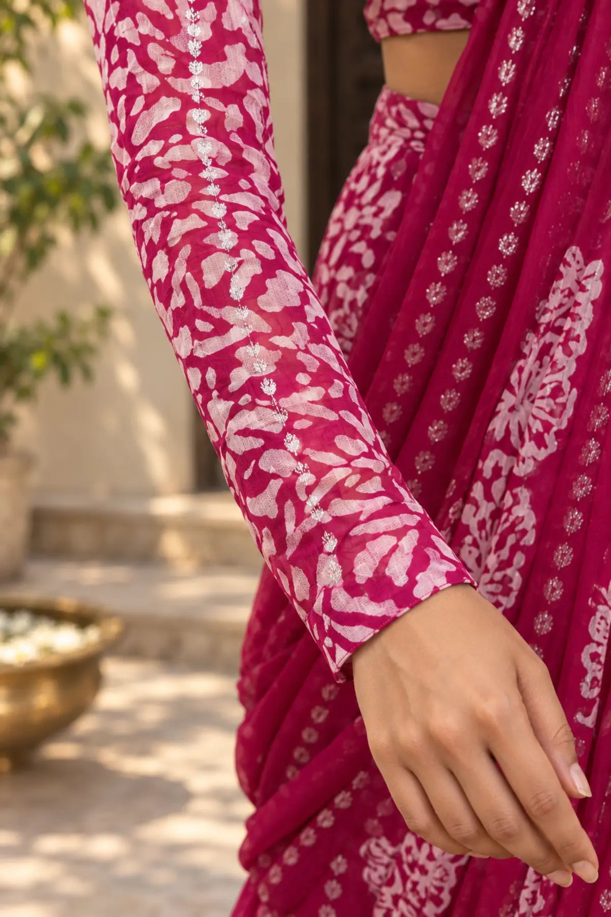 Kira Batik Drape Saree Set – sleeve detail | handcrafted batik ethnic wear for women | Shades of You