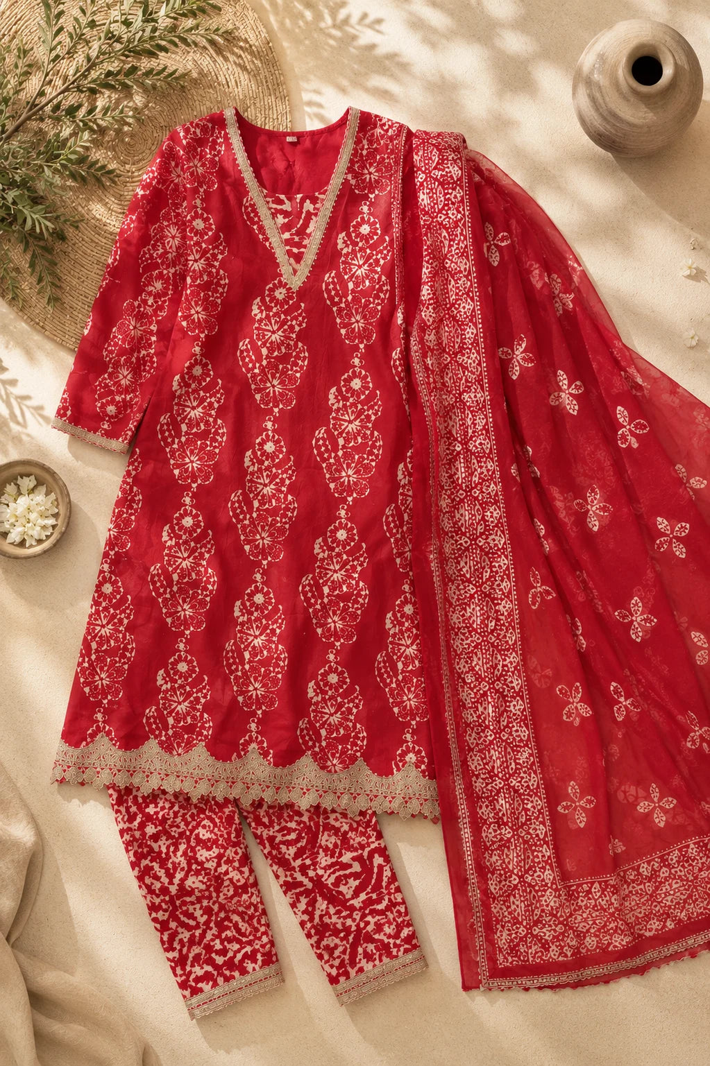 Peach Batik Viscose Kurta Set – flatlay | handcrafted batik ethnic wear for women | Shades of You
