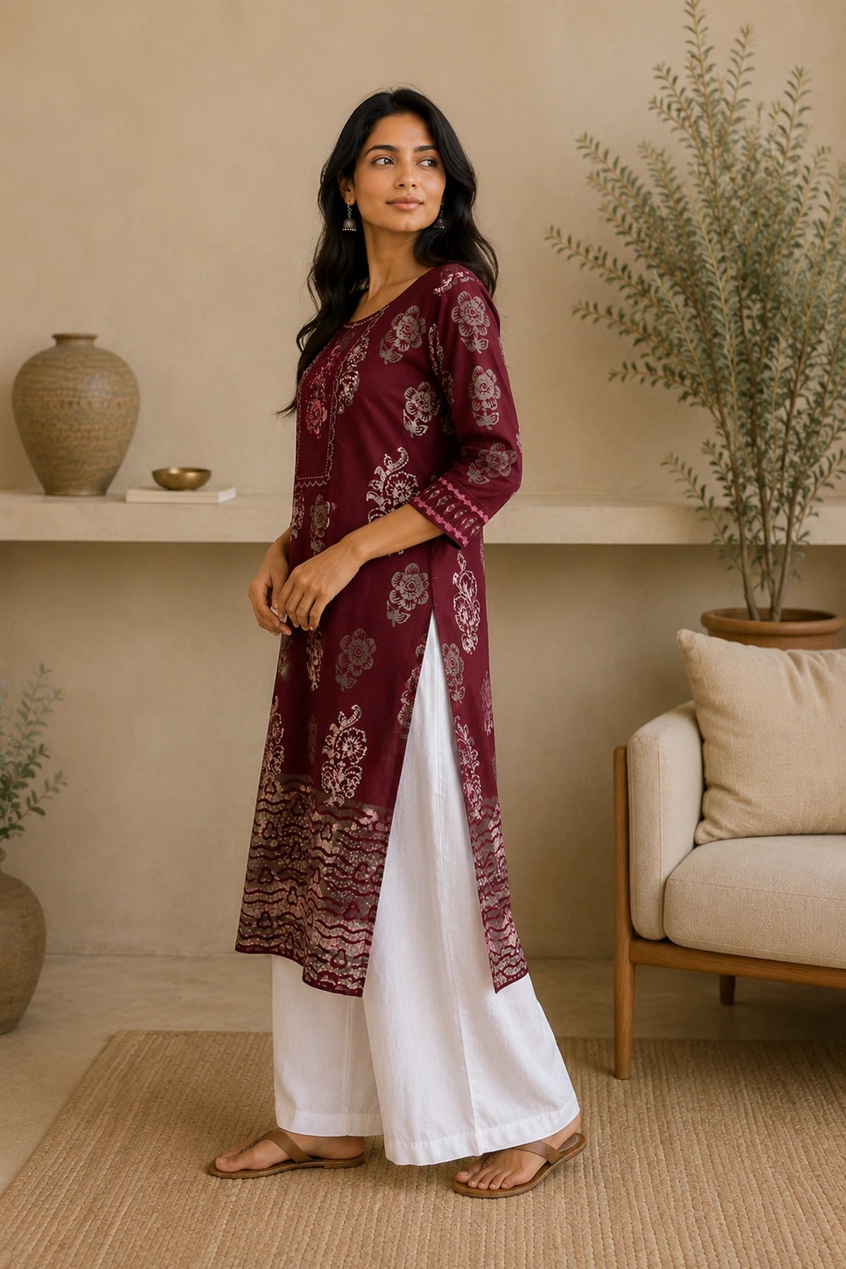 Maroon Batik Multiprint Kurta