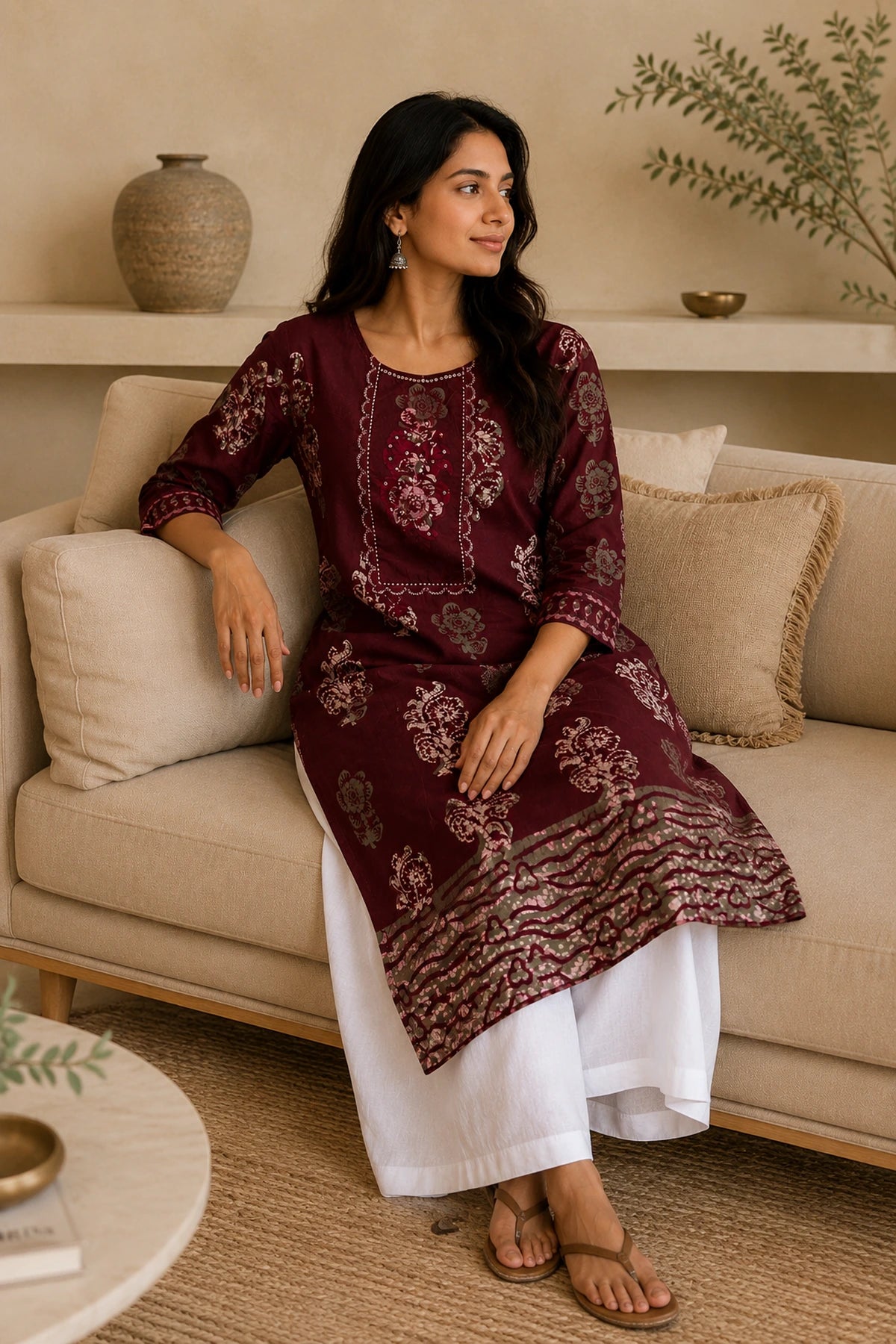 Maroon Batik Multiprint Kurta
