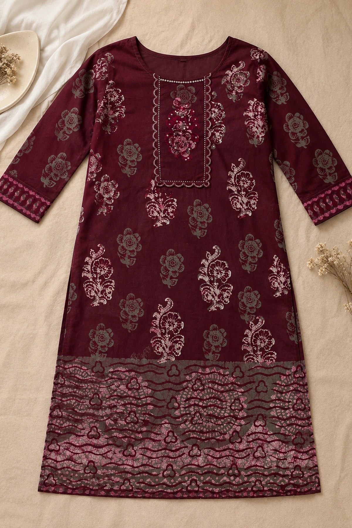 Maroon Batik Multiprint Kurta