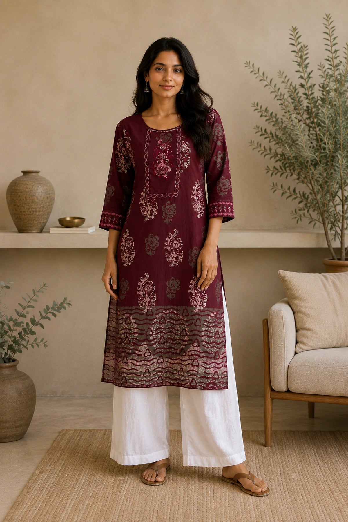 Maroon Batik Multiprint Kurta