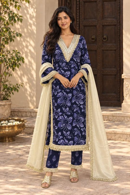 Midnight Batik Mirror Work Suit Set – front hero view | handcrafted batik ethnic wear for women | Shades of You, detail