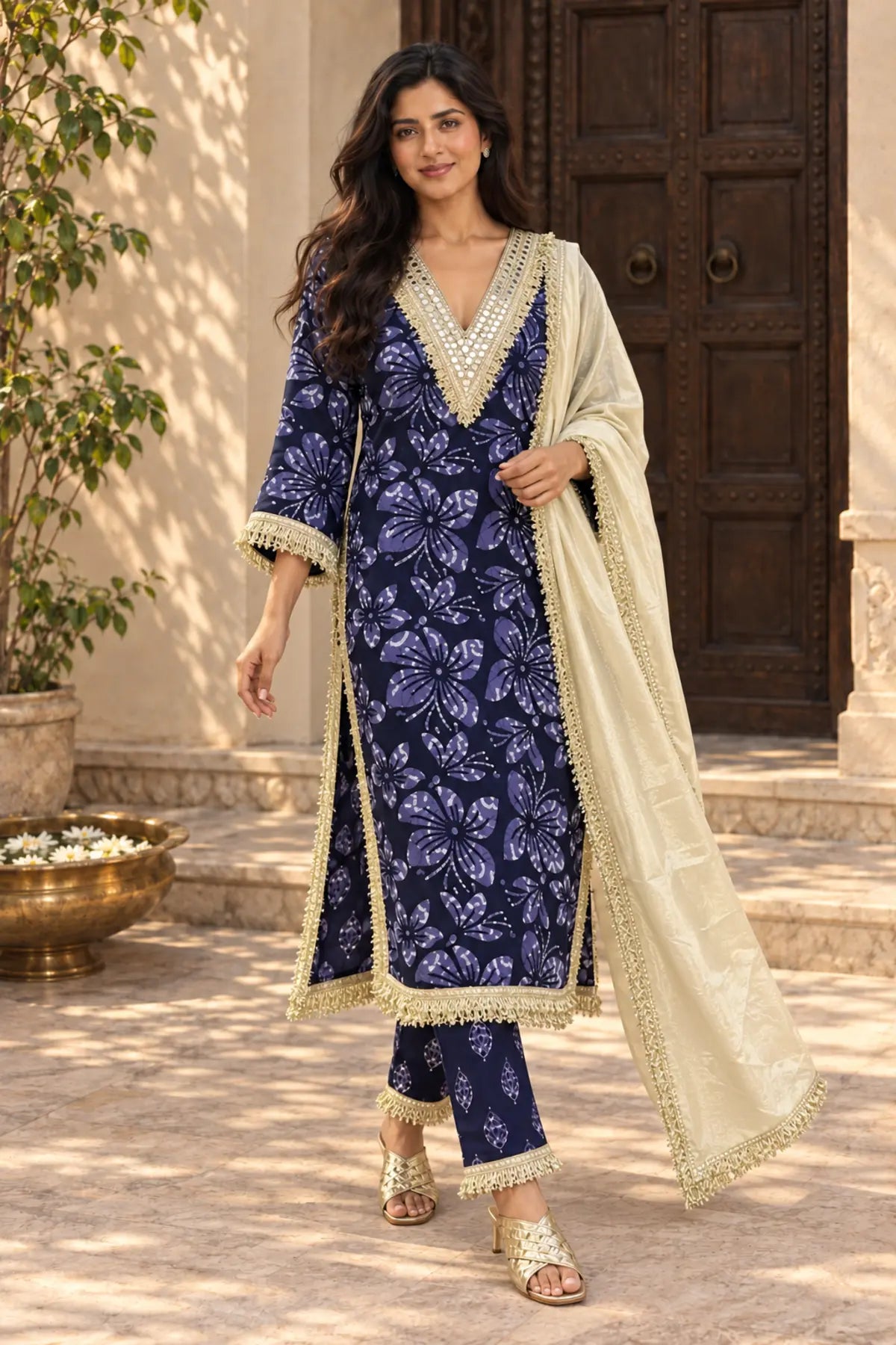 Midnight Batik Mirror Work Suit Set – movement front view | handcrafted batik ethnic wear for women | Shades of You