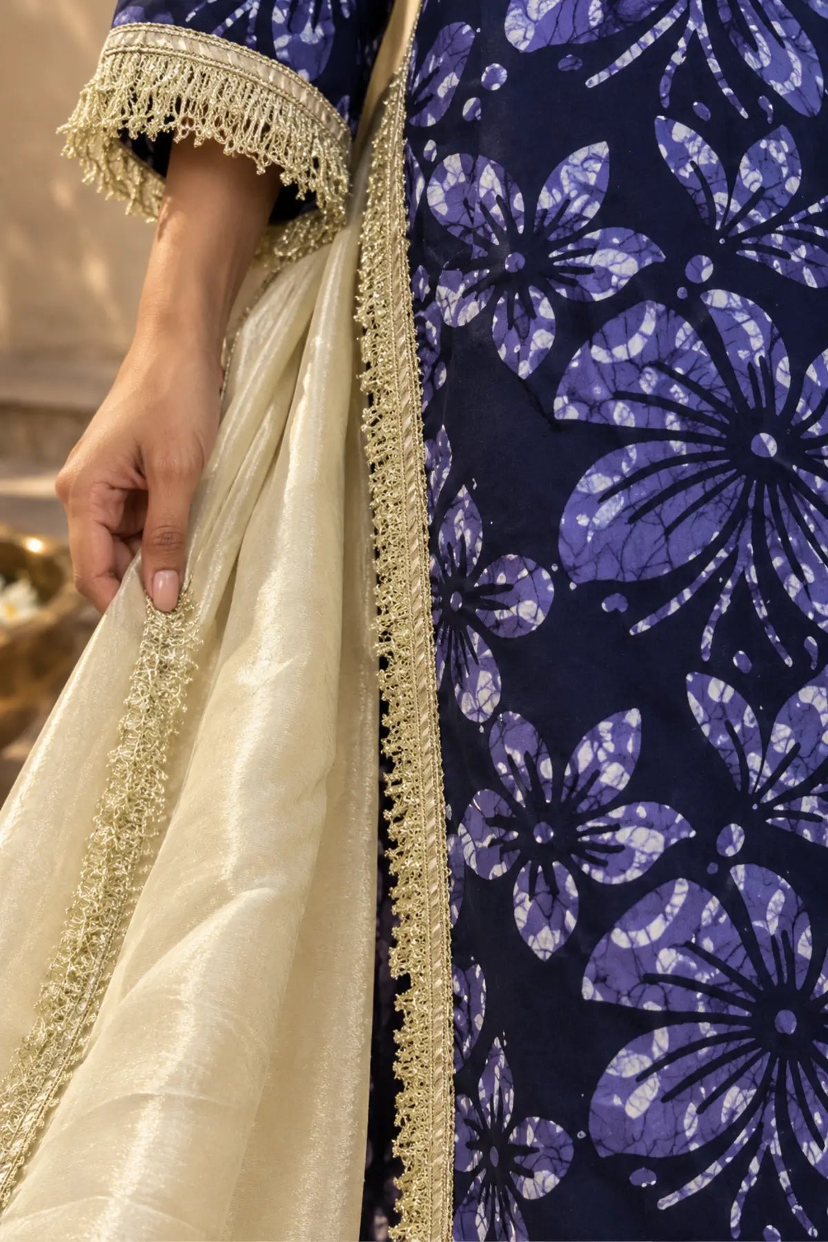 Midnight Batik Mirror Work Suit Set – sleeve and dupatta detail | handcrafted batik ethnic wear for women | Shades of You