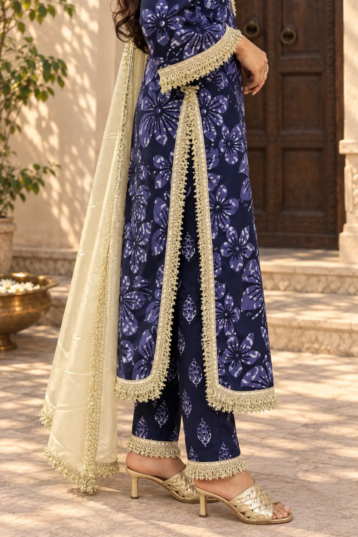 Midnight Batik Mirror Work Suit Set – side slit detail | handcrafted batik ethnic wear for women | Shades of You