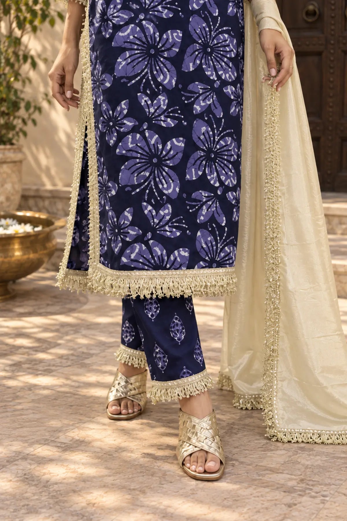 Midnight Batik Mirror Work Suit Set – hem and pant detail | handcrafted batik ethnic wear for women | Shades of You