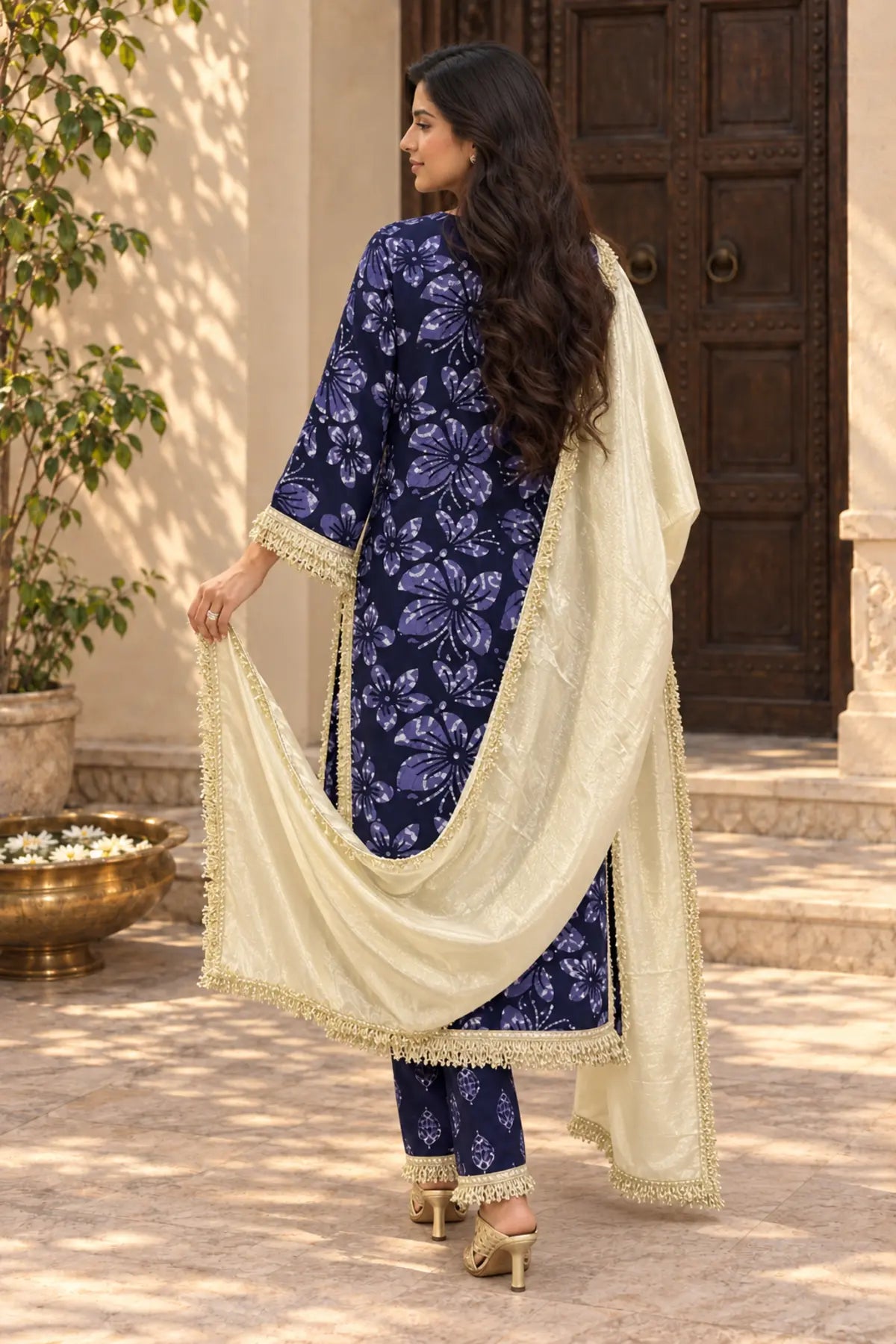 Midnight Batik Mirror Work Suit Set – back view | handcrafted batik ethnic wear for women | Shades of You