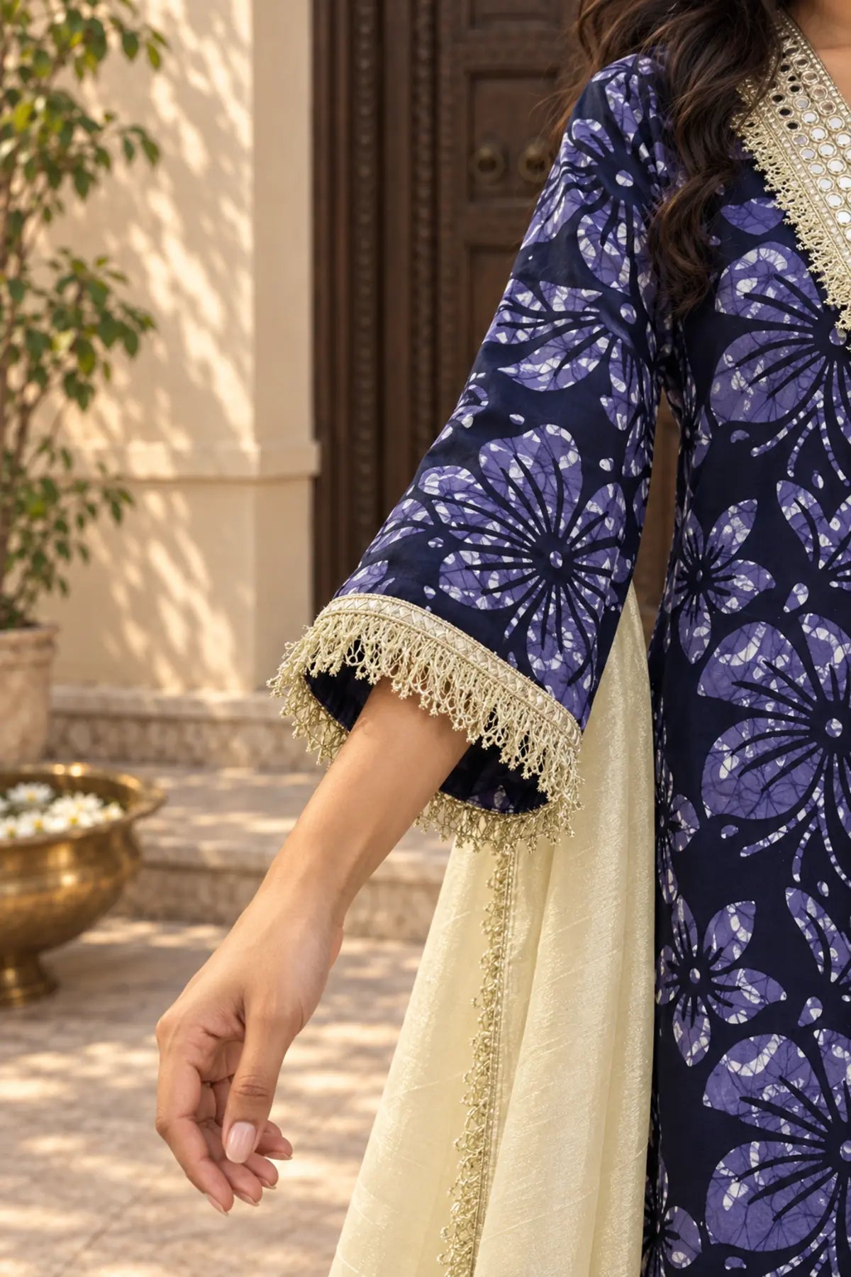 Midnight Batik Mirror Work Suit Set – sleeve movement detail | handcrafted batik ethnic wear for women | Shades of You