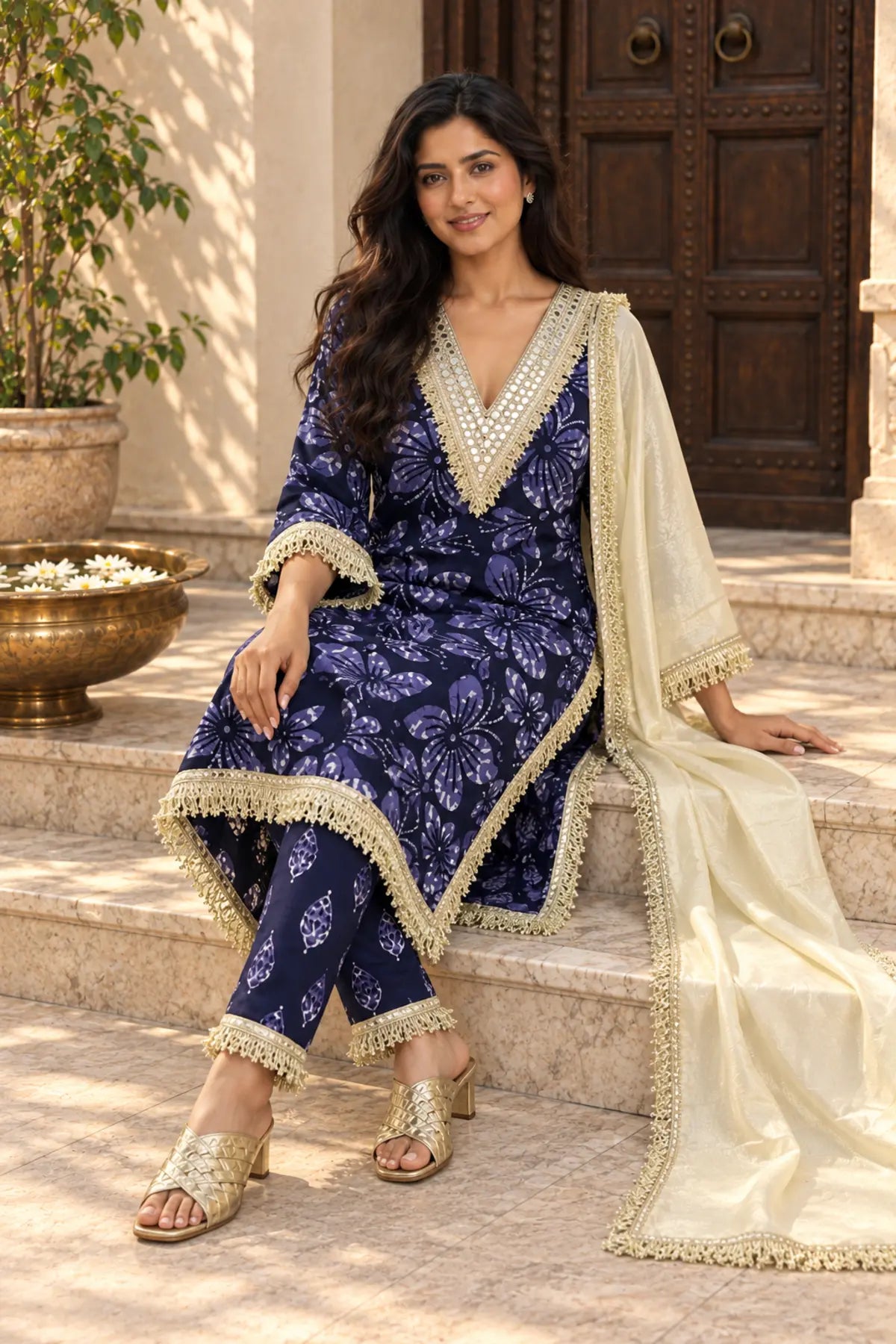 Midnight Batik Mirror Work Suit Set – festive lifestyle moment | handcrafted batik ethnic wear for women | Shades of You