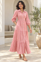 Miss Rose dusty pink check batik shirt dress with collar, silver buttons and tiered skirt - front view