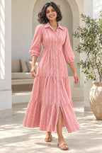 Miss Rose pink batik tiered maxi dress with front button slit - walking view