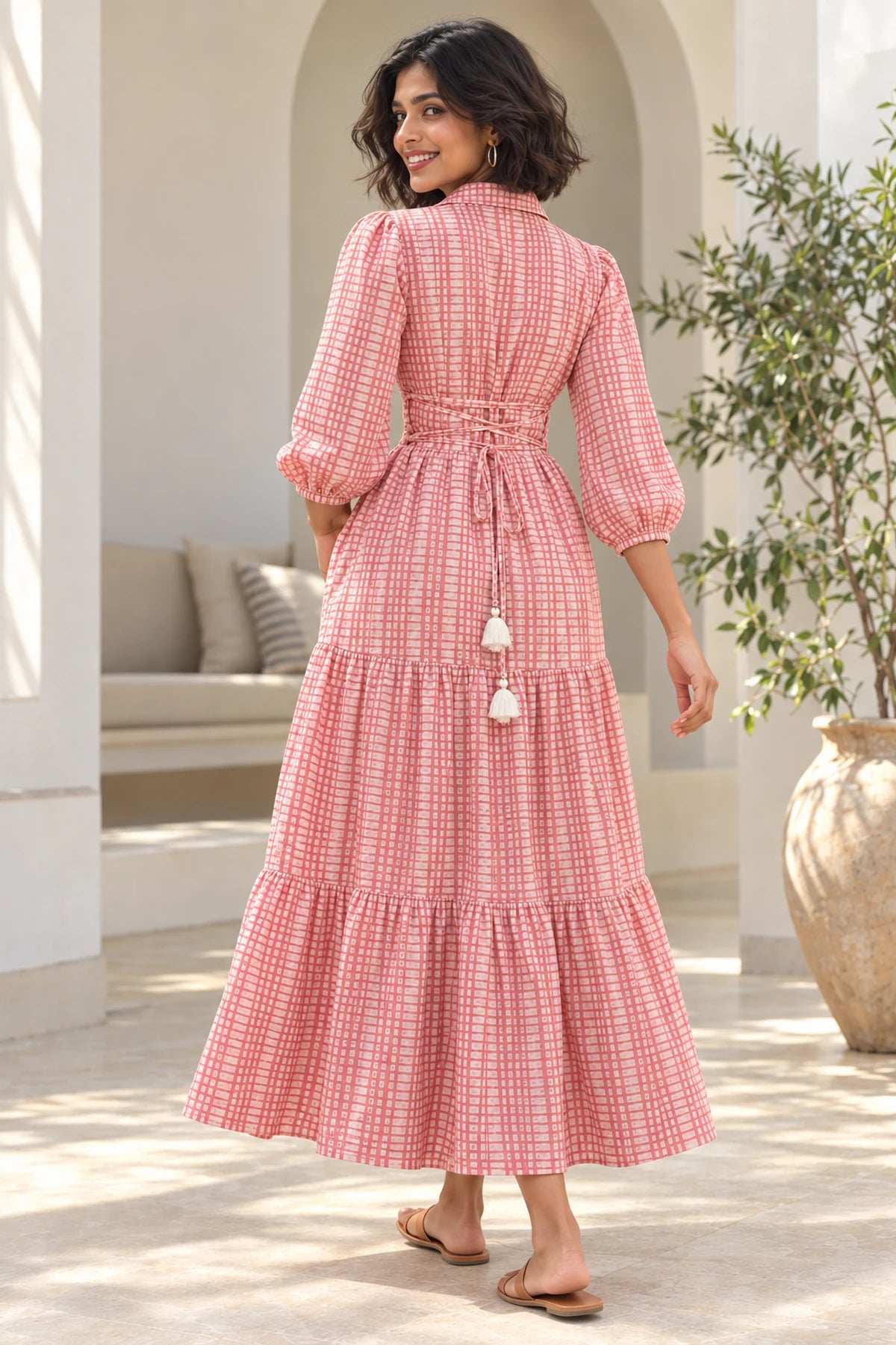 Miss Rose pink batik dress - back view with corset-style waist lacing and ivory tassels