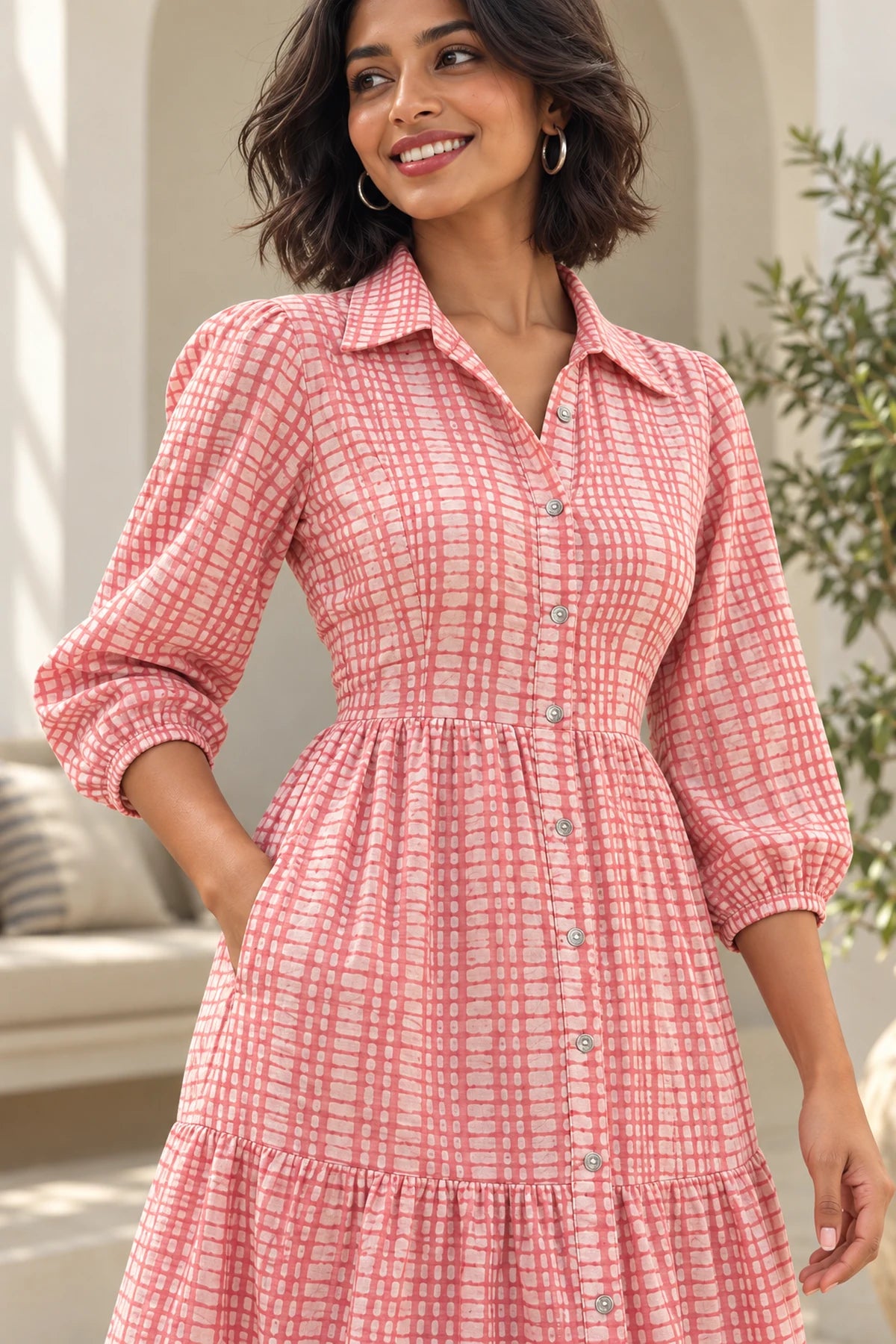 Close-up of Miss Rose batik dress bodice with shirt collar, puff sleeves and silver-toned buttons